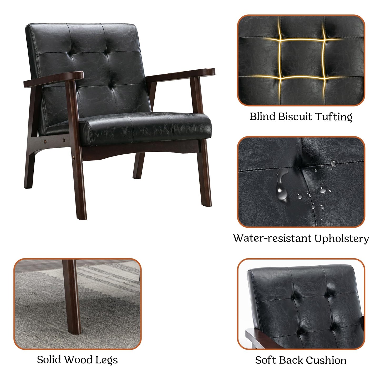 IOMOR Accent Chair Mid Century Modern Chair for Living Room, Comfy Faux Leather Armchair with Solid Wood Frame Soft Thick Padded, Side Chairs Easy Assembly (1, Brown)