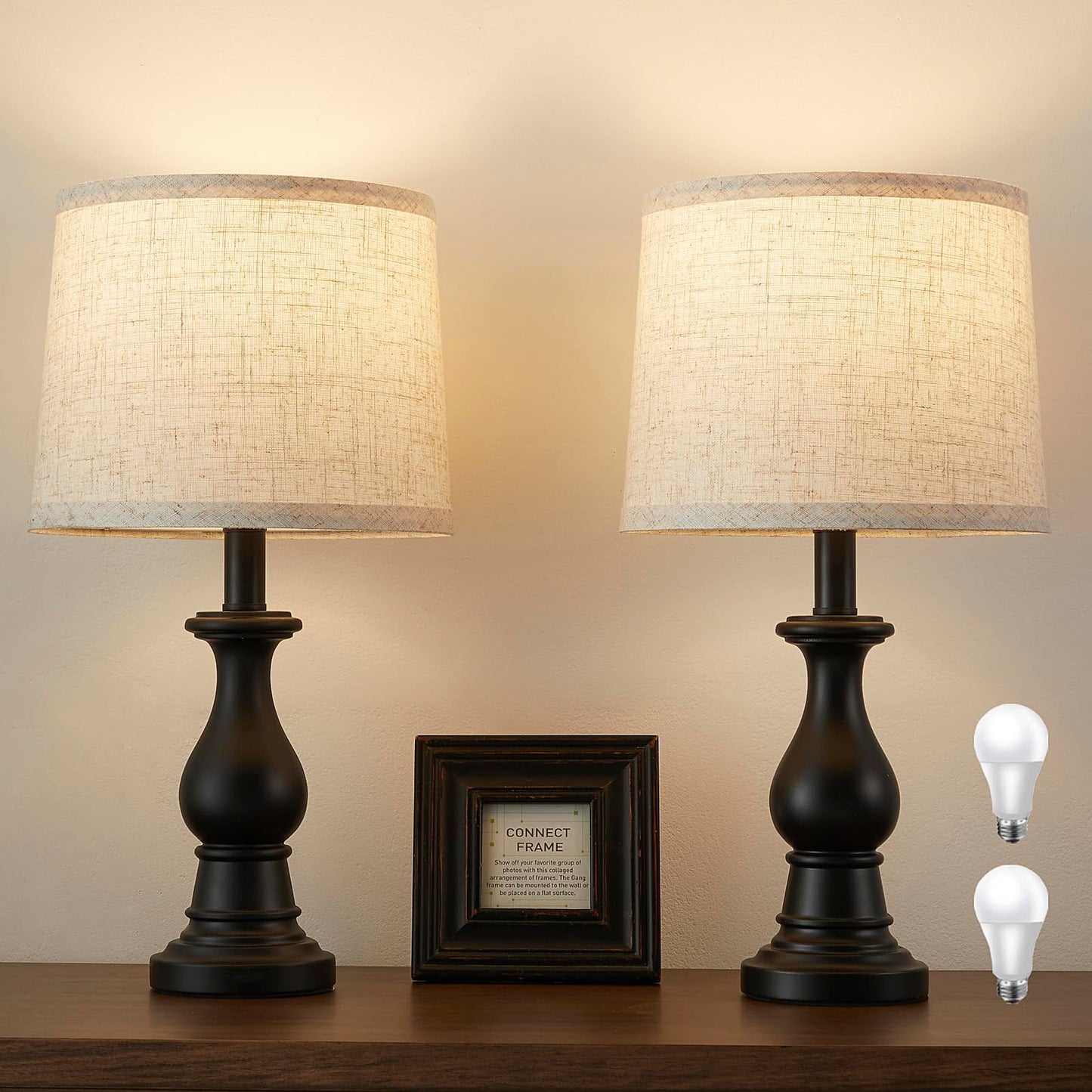 Vintage Table Lamp for Living Room Bedroom, 18.5" Farmhouse Bedside Lamps Nightstand Lamp Set of 2, Table Lamps with Oatmeal Linen Lamp Shades, 2 LED Bulbs Included