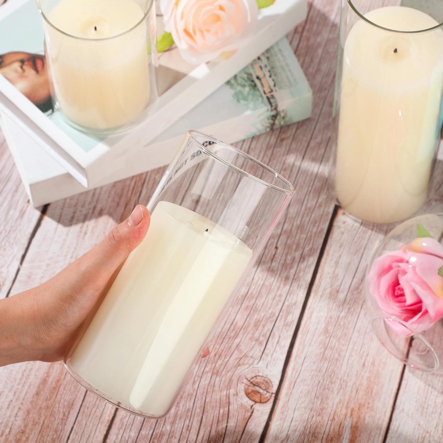Shihanee Set of 3 Pillar Candles and 3 Glass Cylinder Candle Vases Holders Clear Pillar Jars for Wedding Centerpieces(3'' x 5.9'', 7.9'', 9.8'',Ivory White)
