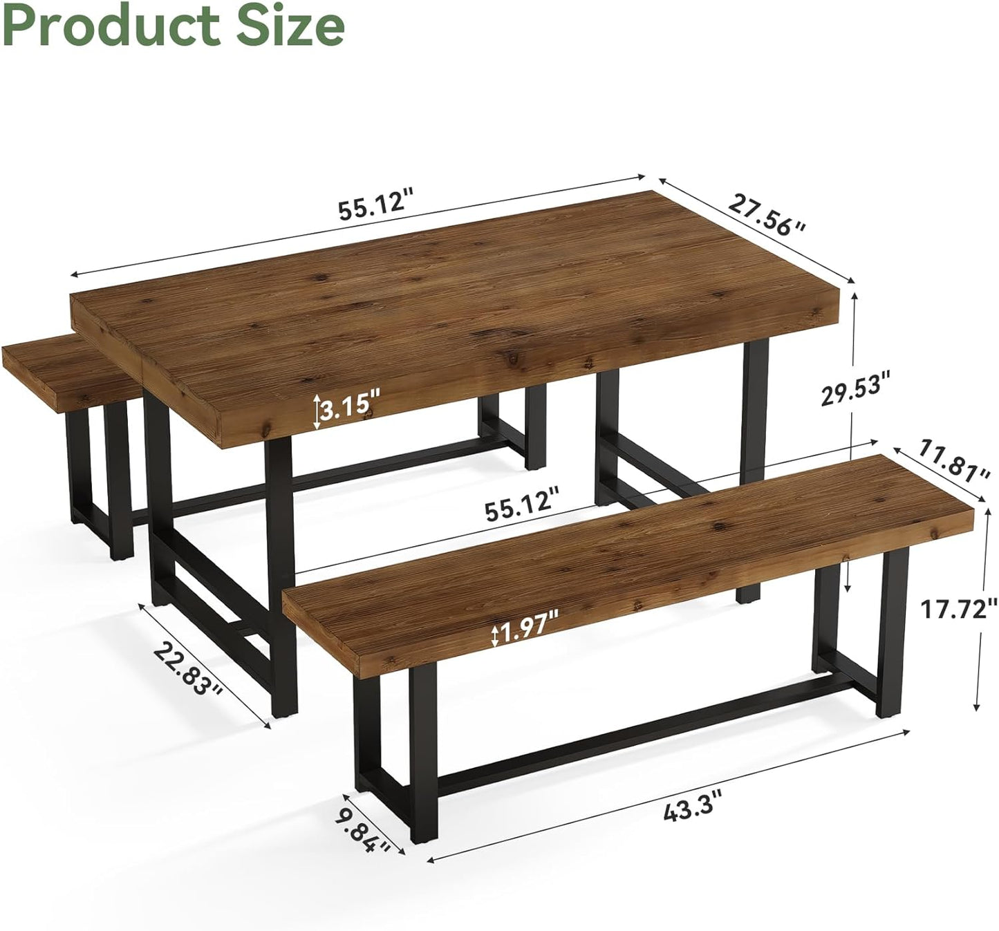 Solid Wood Dining Table Set for 4-6, 55.12" Industrial Farmhouse Kithcen Table with 2 Benches, Space Saving 3-Piece Rectangle Dinette Set & Chairs for Dining Room, Breakfast Nook, Small Space