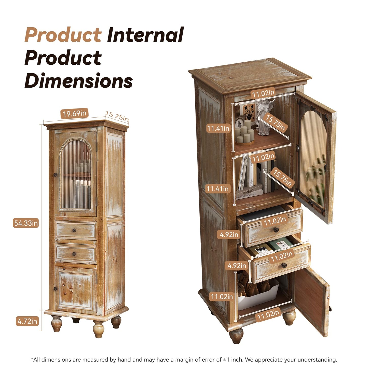 LKTART KTART 55'' Tall Kitchen Pantry Cupboard Storage Cabinet with Shelves & Drawer,French Country Accent Cabinet with Embossed Floral Metal Doors and Solid Wood Frame,Natural Wood