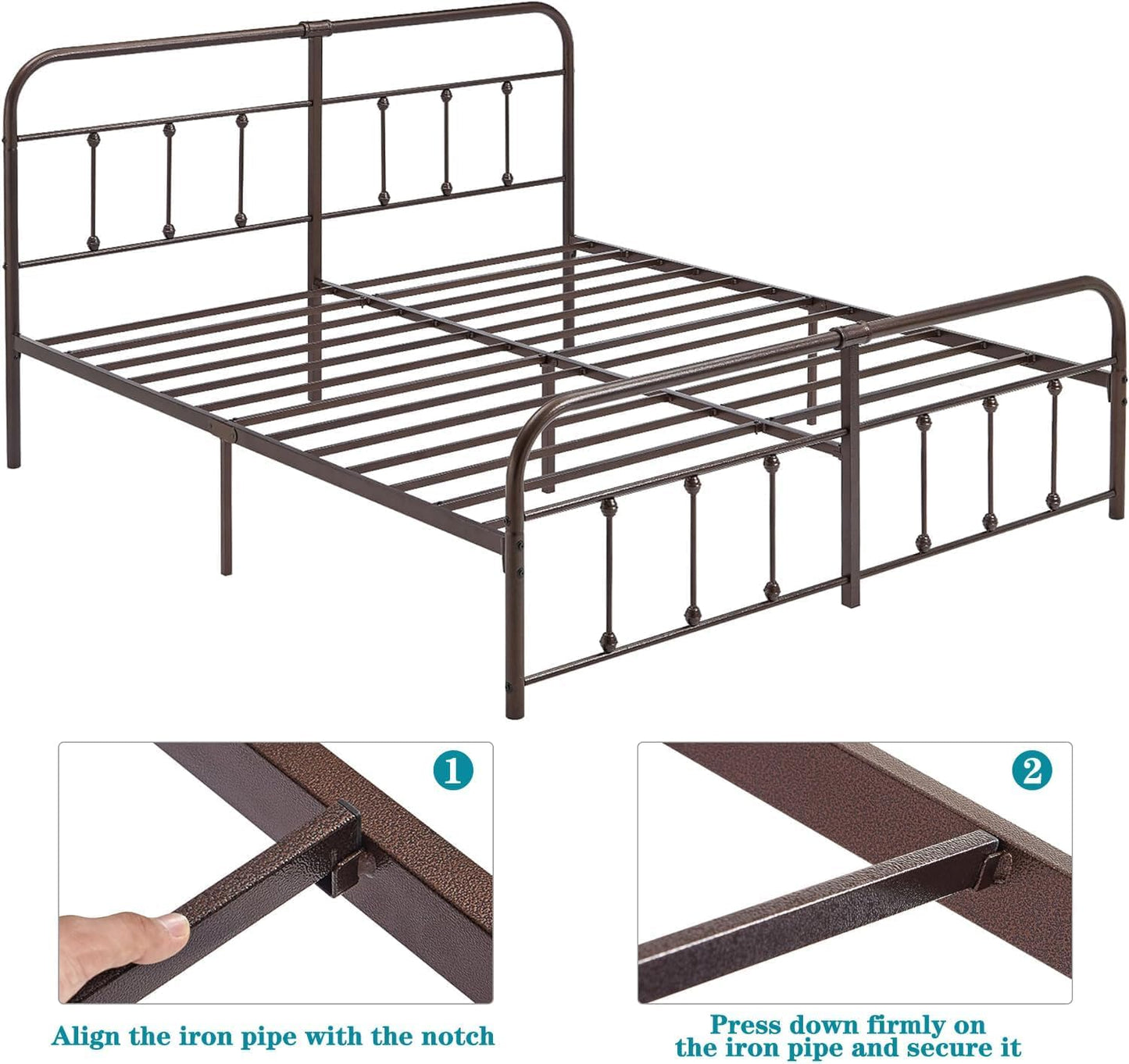 VECELO King Size Victorian Style Metal Bed Frame with Headboard/Mattress Foundation/No Box Spring Needed/Under Bed Storage and Strong Slat Support Purple Bronze