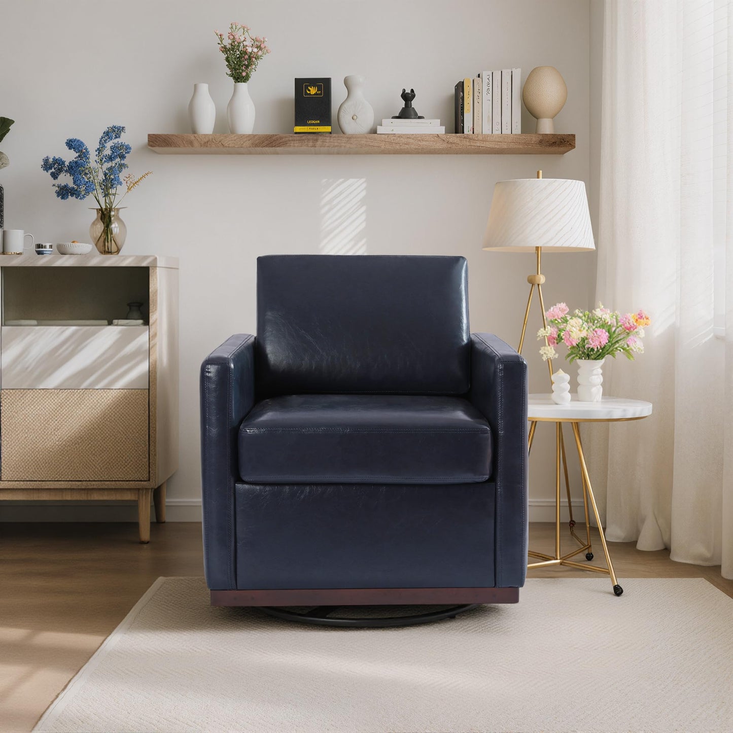 Swivel Accent Chairs Set of 2, 360° Swivel Upholstered Faux Leather Club Armchairs for Living Room, Comfy Single Sofa Reading Chair with Deep Seat, Metal Swivel Base, Coffee