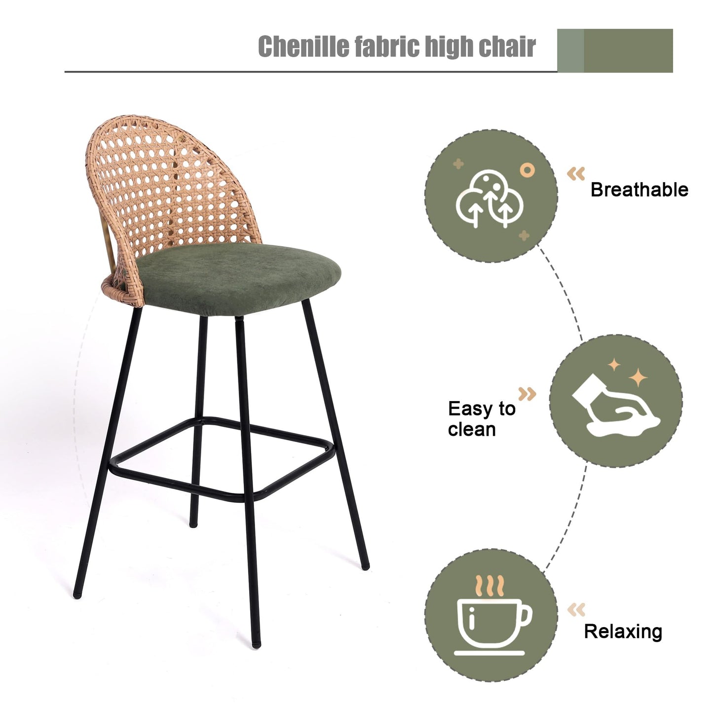 28.7" Swivel Bar Stools Set of 2, Mid Century Modern Counter Height Barstools with Rattan Backrest, Upholstered Chenille Armless Bar Chair Island Stools for Kitchen Island, Bar, Beige