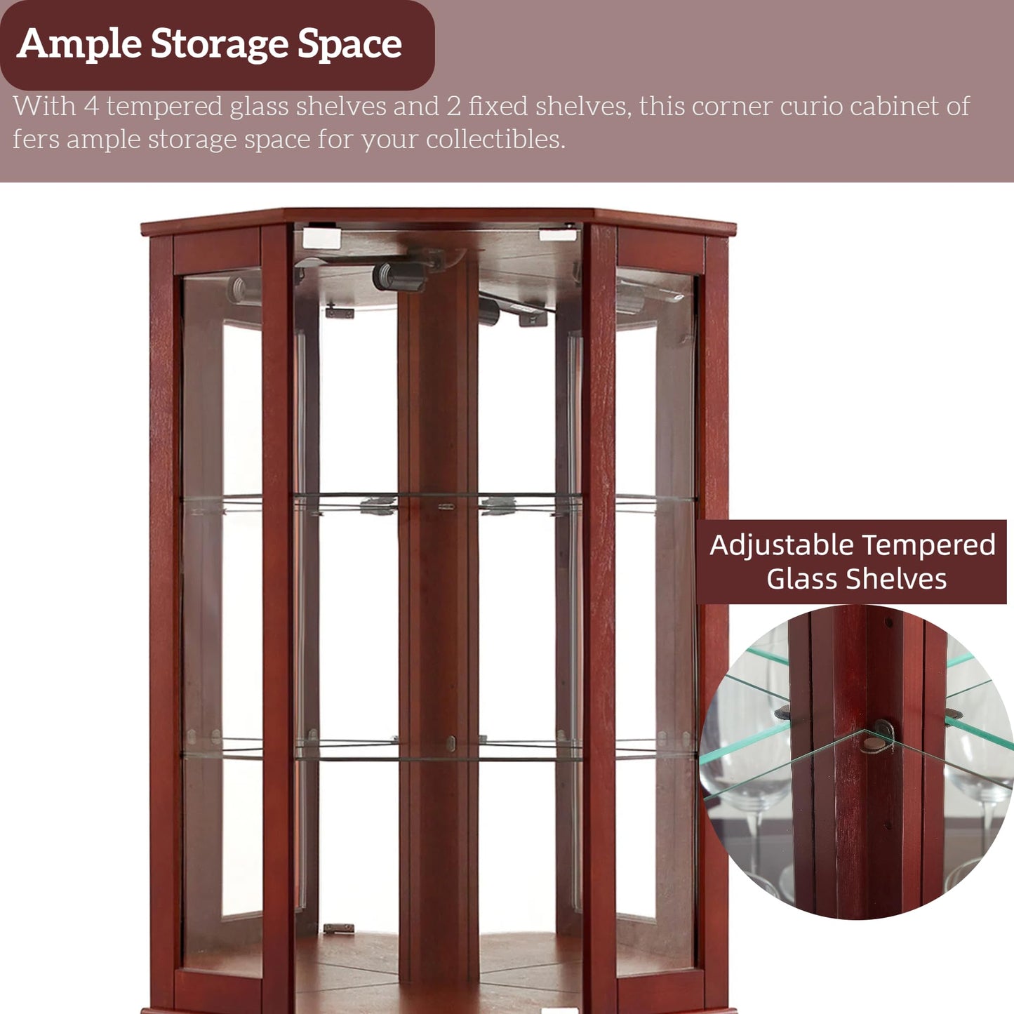 LKTART Corner Curio Cabinet with Lights, Glass Display Cabine, 72" Tall Corner Storage Cabinet with Mirrored Back Panel &Tempered Glass Doors and Adjustable Shelves (Oak)