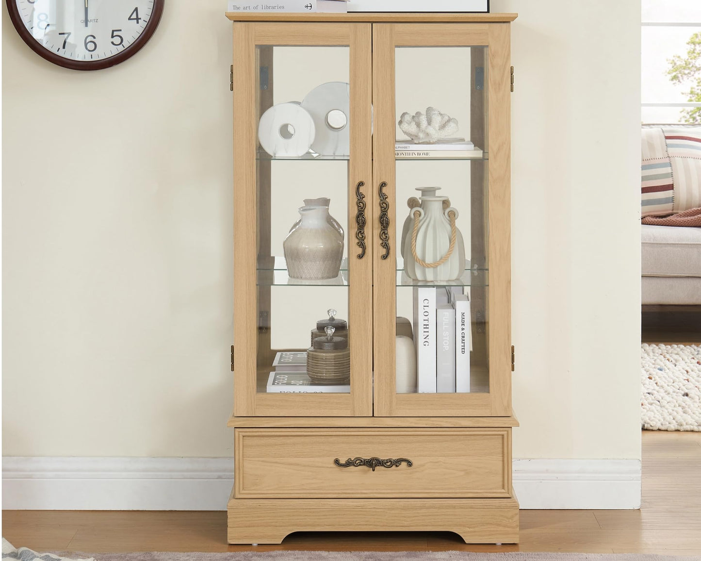 LKTART Curio Glass Display Cabinet,Storage Cabinet with Lights and Mirrored Back Panel,China Cabinet with Tempered Glass Doors and Shelves,Collectible Display Shelf,Included Bulb White
