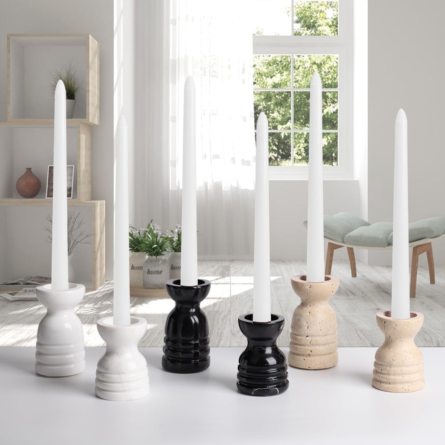 Candle Holders Italy True Natural Travertine Stone Set of 2 Premium Marble Candlestick Holder for Wedding Dinning Party Candle Stand for Dia 3/4" Taper Pillar Candles Color Beige (CH6065YL)