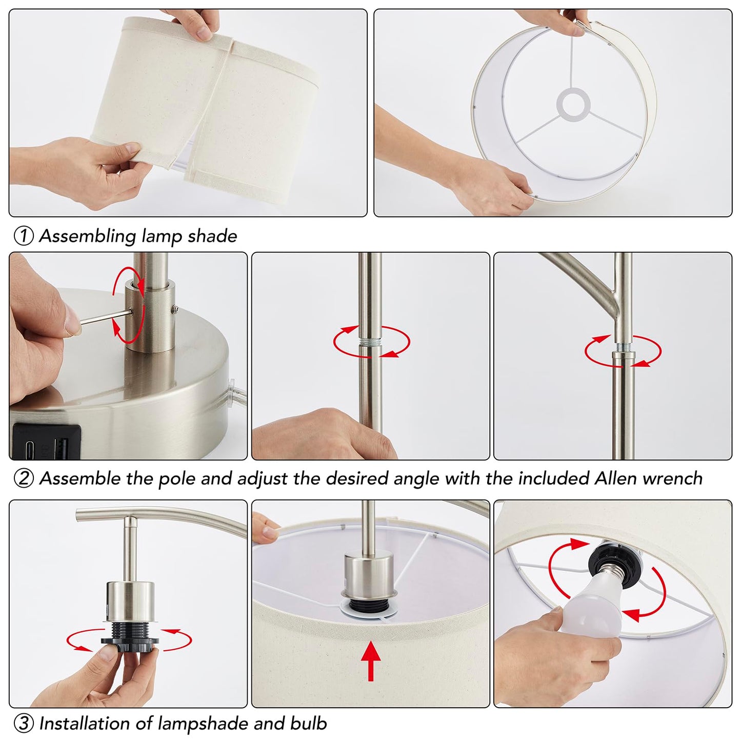 Table Lamp for Living Room Bedroom, 23.5" Table Lamps Set of 2 with USB C+A Ports, Bedside Lamps for Nightstand with Linen Lamp Shades, 2 Dimmable LED Bulbs Included, Black
