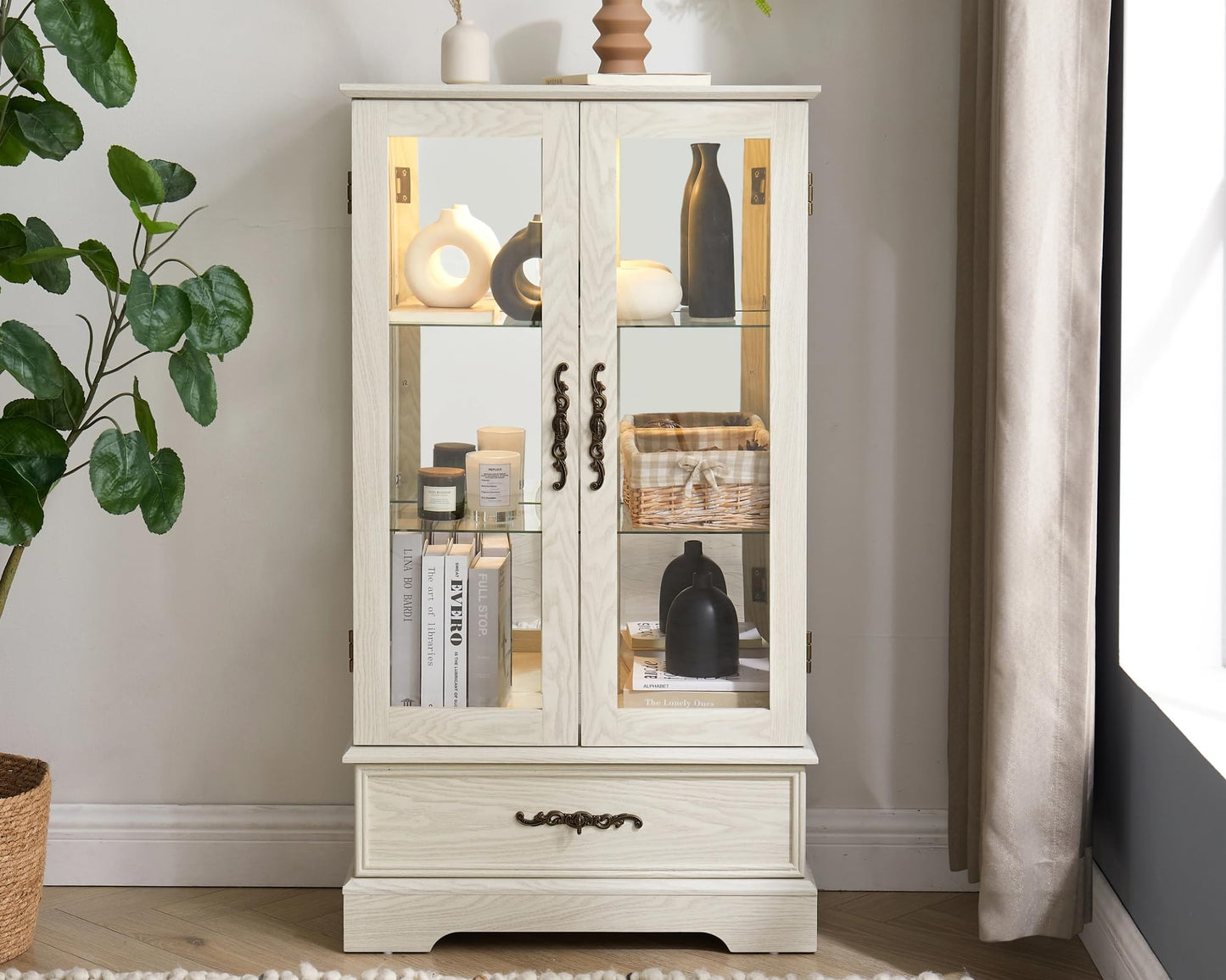 LKTART Curio Glass Display Cabinet,Storage Cabinet with Lights and Mirrored Back Panel,China Cabinet with Tempered Glass Doors and Shelves,Collectible Display Shelf,Included Bulb White