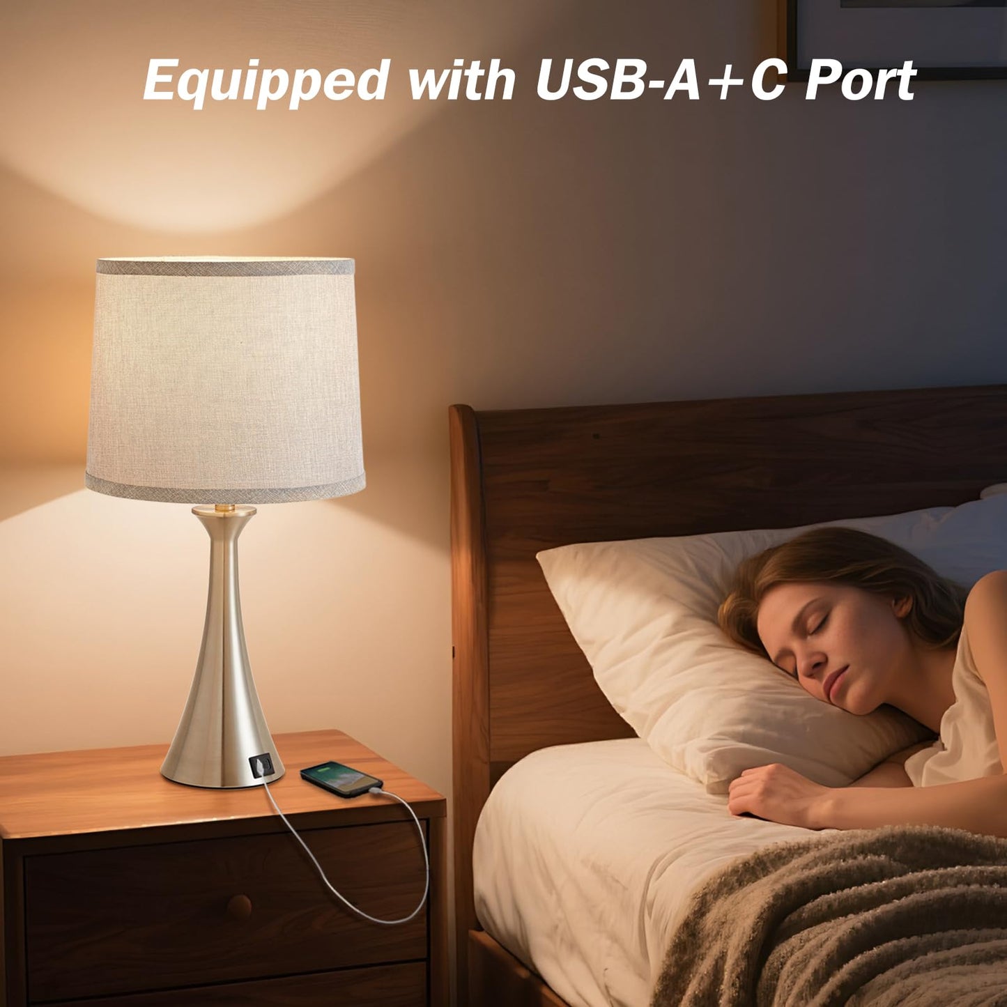 Touch Lamp for Living Room Bedroom, 21" Table Lamps Set of 2 with USB C+A Ports, Touch Bedside Lamps for Nightstand with 3 Way Dimmable, 2 LED Bulbs Included, Black
