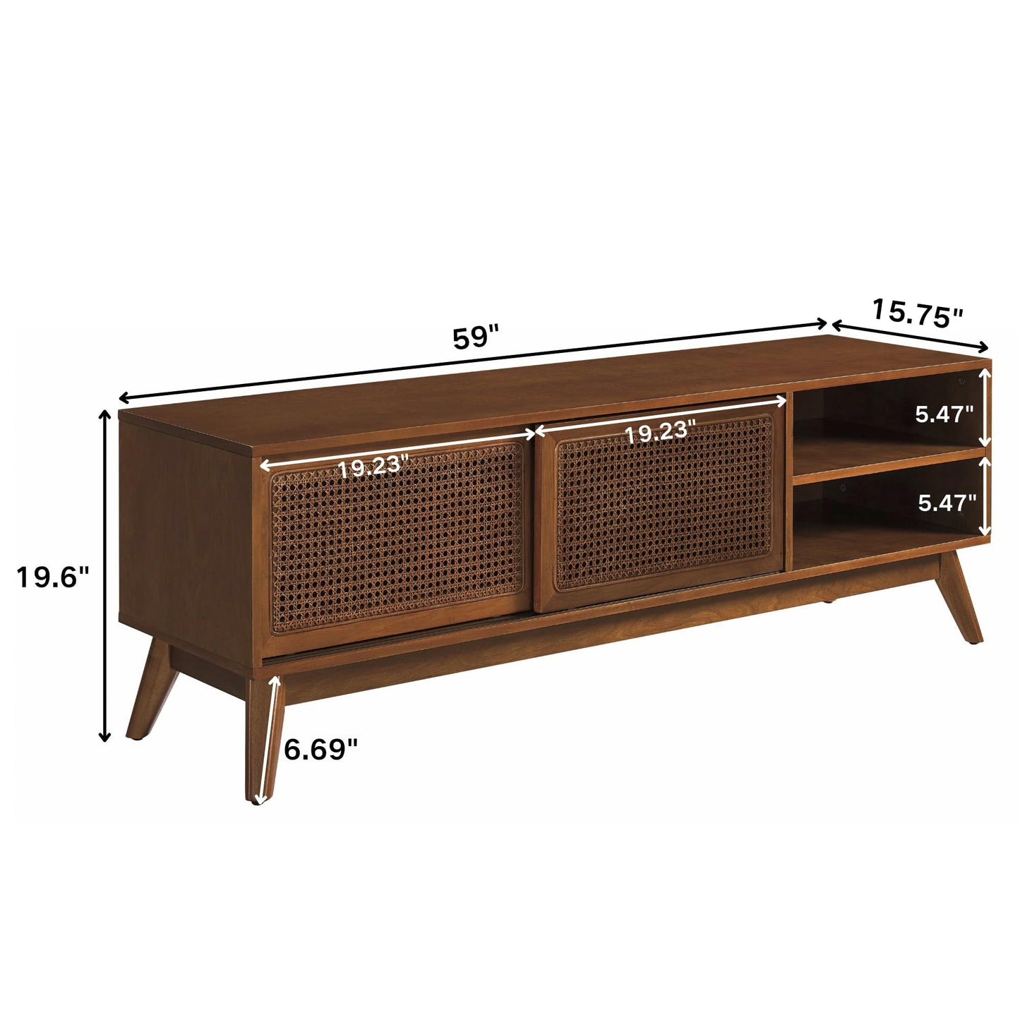 LKTART Mid Century Modern Rattan TV Stand for 65 Inch TV,59" Boho Media Console with Sliding Doors & Open Shelves,Solid Wood Legs for Living Room,Light Walnut