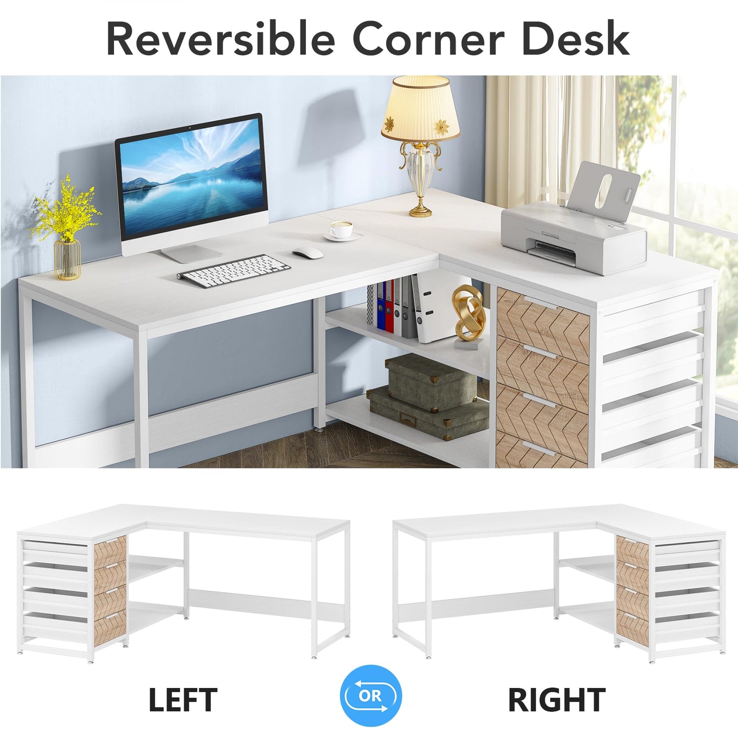 Tribesigns L Shaped Computer Desk with Storage Drawers, 59 inch Corner Desk with Shelves, Reversible L-Shaped Office Desk Study Writing Table Workstation for Home Office, Walnut & White