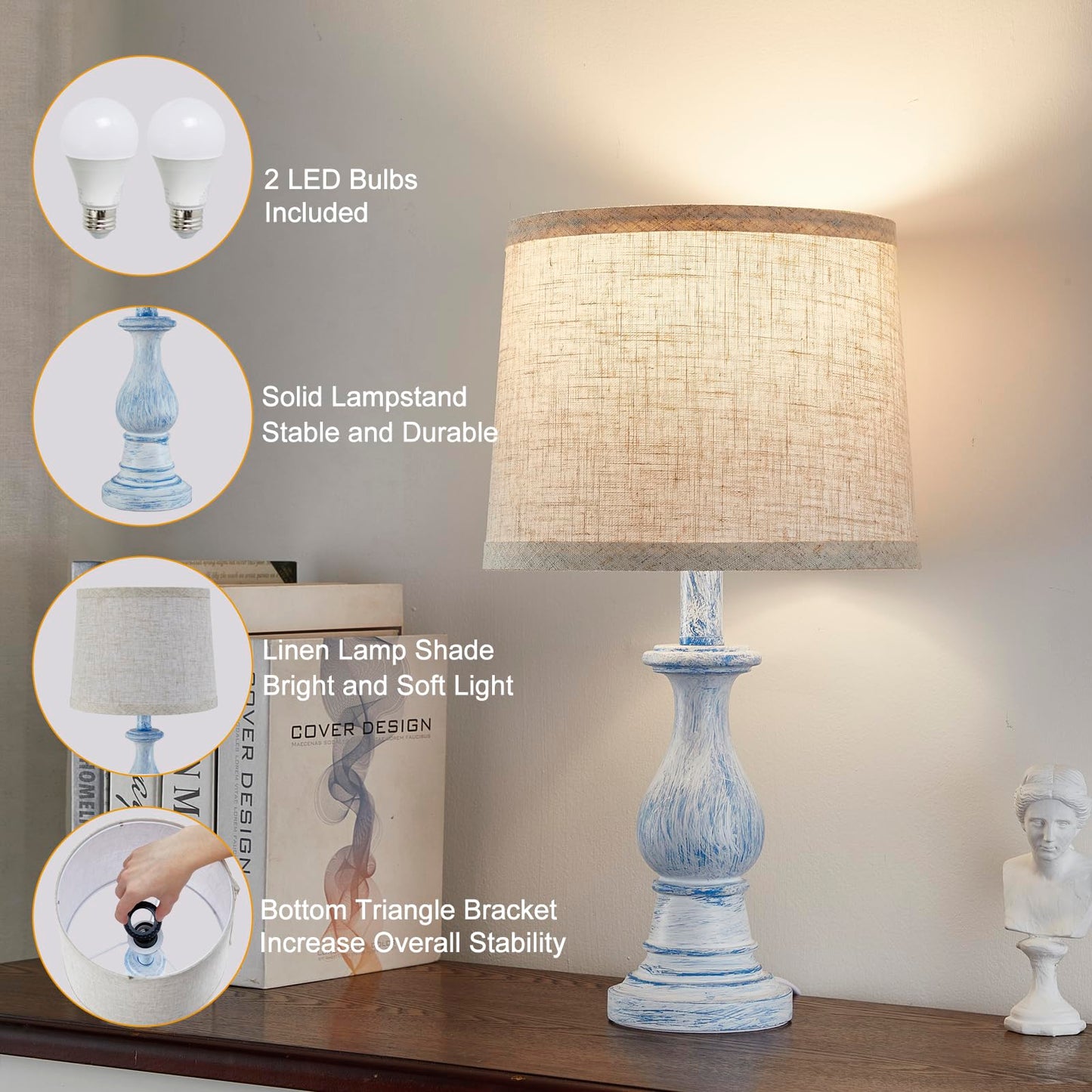 Vintage Table Lamp for Living Room Bedroom, 18.5" Farmhouse Bedside Lamps Nightstand Lamp Set of 2, Table Lamps with Oatmeal Linen Lamp Shades, 2 LED Bulbs Included