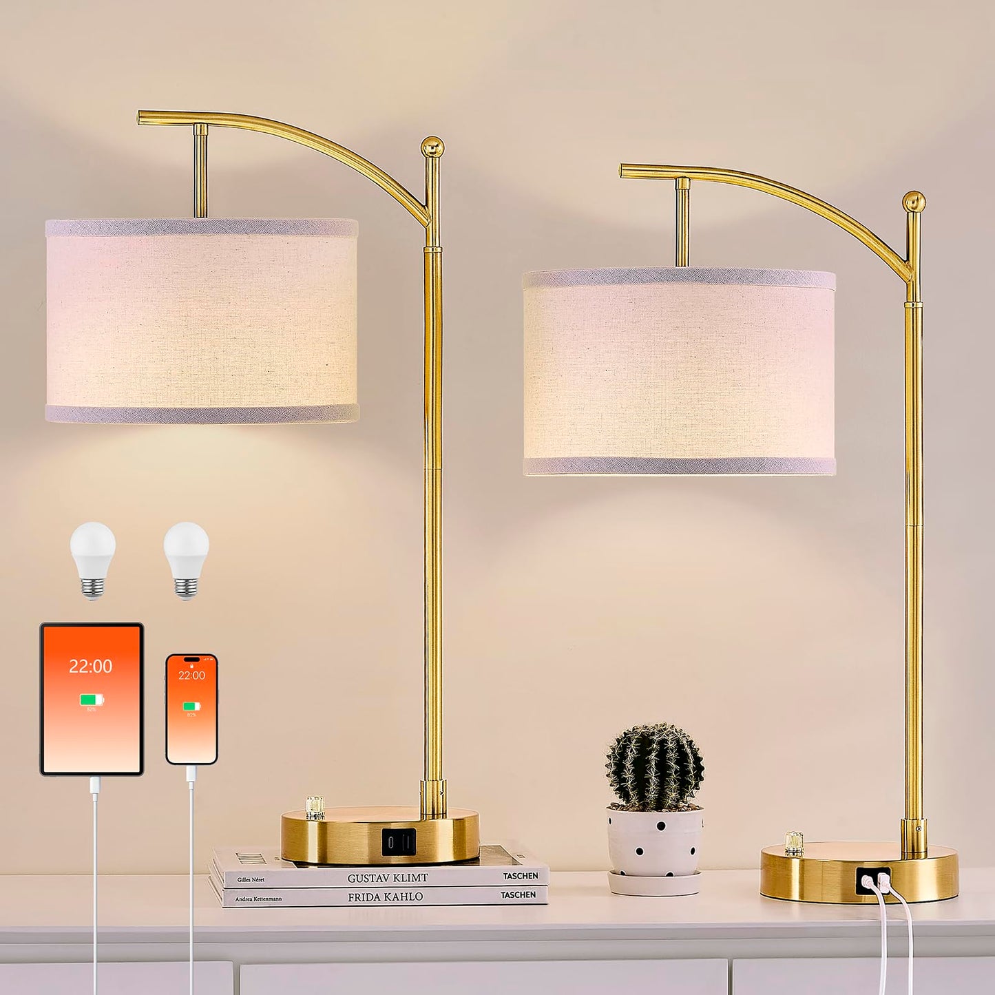 Table Lamp for Living Room Bedroom, 23.5" Table Lamps Set of 2 with USB C+A Ports, Bedside Lamps for Nightstand with Linen Lamp Shades, 2 Dimmable LED Bulbs Included, Black