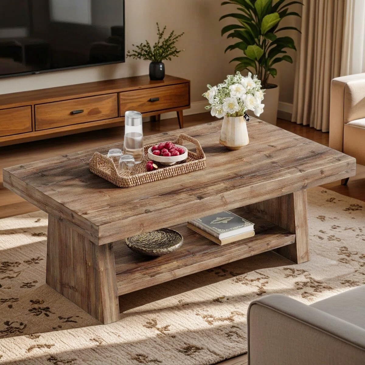 Solid Wood Coffee Table, 47-Inch Farmhouse Wooden Coffee Table for Living Room, 2-Tier Rectangular Center Table with Storage for Apartment, Home Office, Dark Brown
