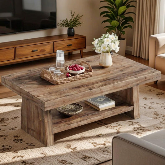 Solid Wood Coffee Table, 47-Inch Farmhouse Wooden Coffee Table for Living Room, 2-Tier Rectangular Center Table with Storage for Apartment, Home Office, Dark Brown