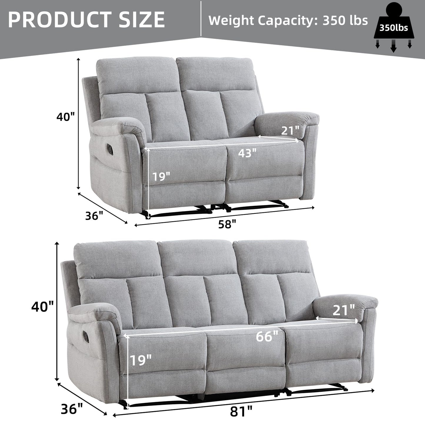 IOMOR Manual Reclining Loveseat, Soft Fabric Loveseat Recliner Couch for Adults with Overstuffed Arms and Back, Double Sofa Recliner for Living Room (Light Gray)
