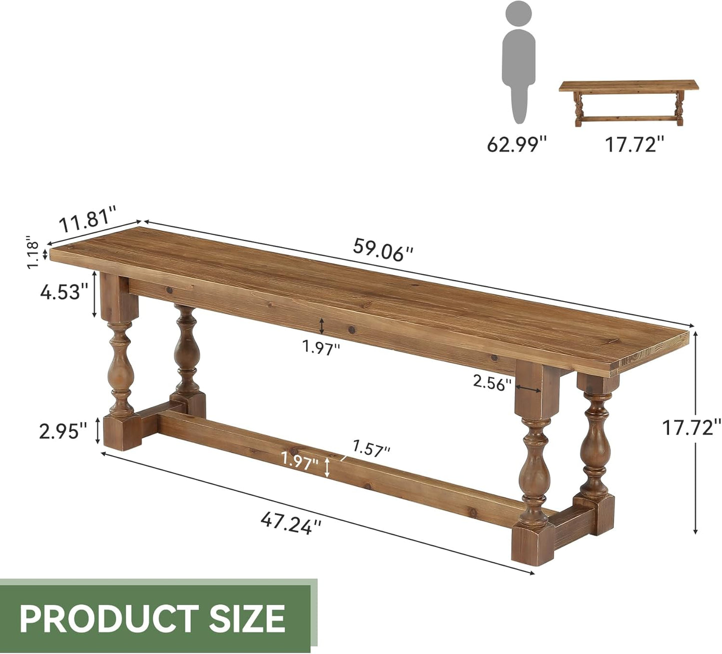 Rustic Solid Wood Entryway Bench, 59.1" Long Farmhouse Dining Seat with Turned Legs, End of Bed Bench for Entryway, Dining Room, Bedroom, Holds Up to 300 lb, Easy Assembly, Natural Brown