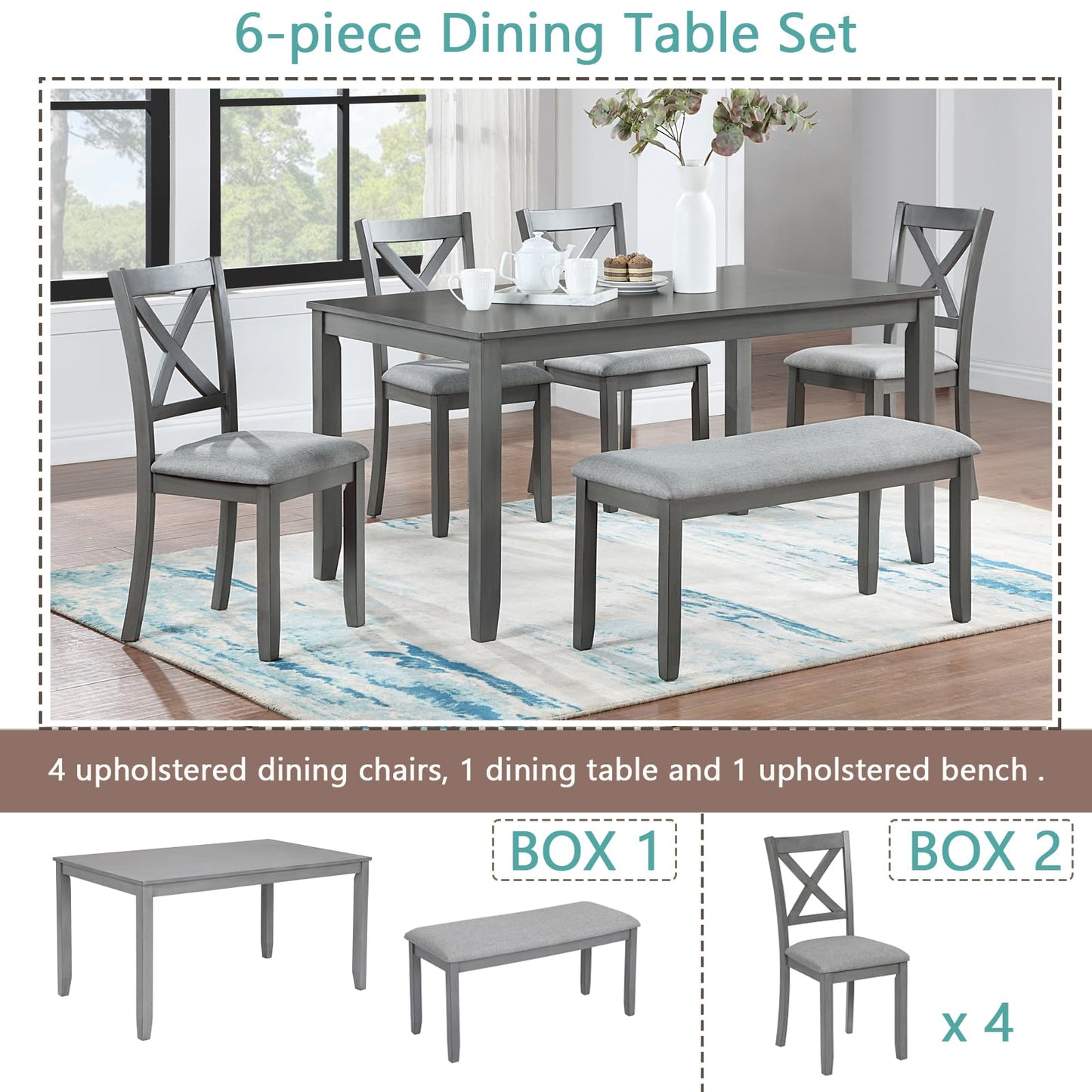 LKTART 6 Piece Kitchen Dining Set, 58.5" Rectangular Wooden Dinner Table with 4 Upholstered Chairs and a Bench for Living Room, Home Bar and Kitchen, Walnut