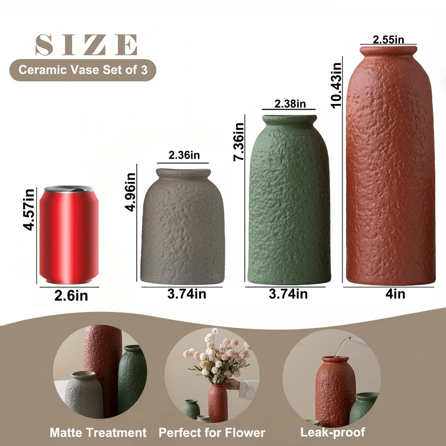 10.4 inches Tall Decorative Ceramic Vase Set, 3 Pieces, Nordic Modern Boho Style, White, Modern Farmhouse for Home Decor (Coffee Mix)