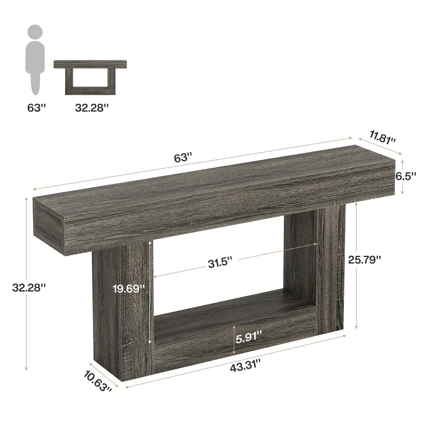 Tribesigns 63" Console Table, Farmhouse 2-Tier Entryway Table with U-Shaped Base, Narrow Long Wood Sofa Table Behind Couch Table for Living Room, Hallway, Foyer, Vintage Brown & Gray | Farmhouse