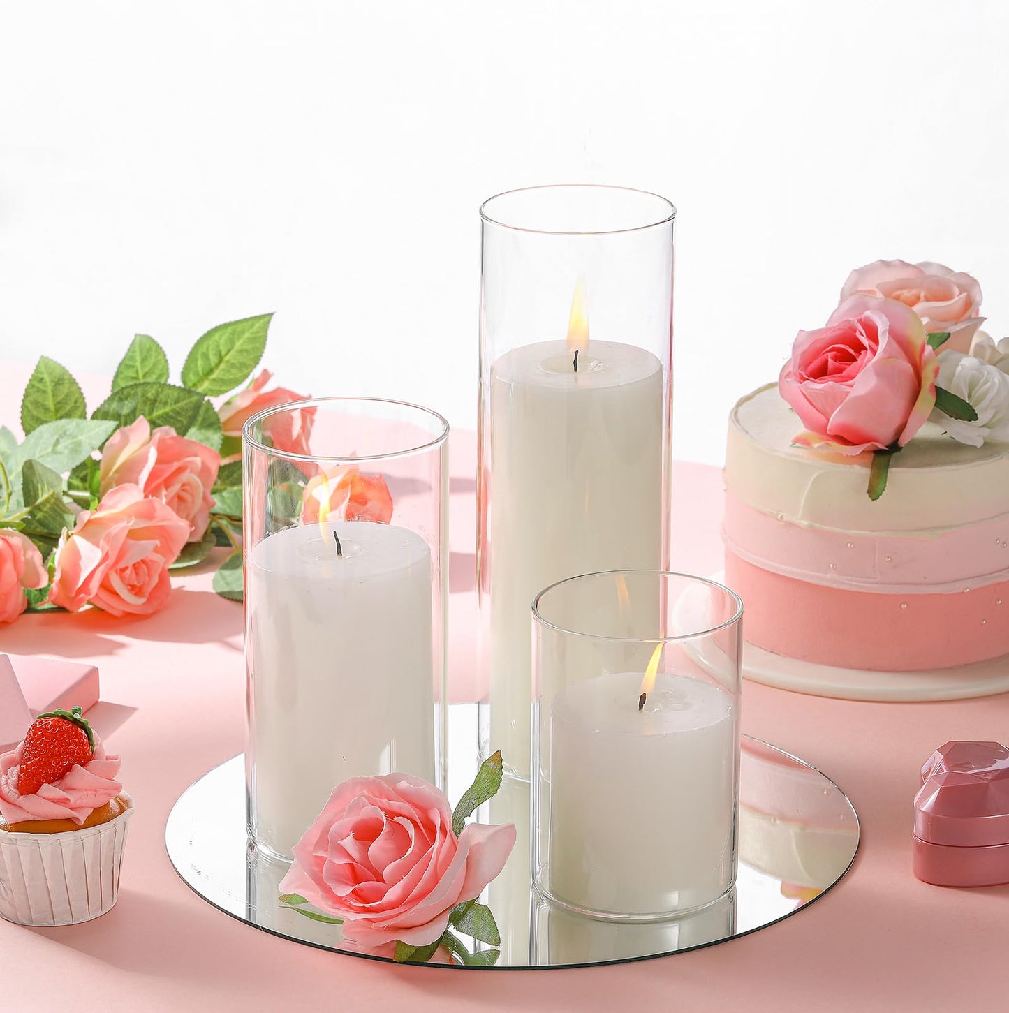 Shihanee Set of 3 Pillar Candles and 3 Glass Cylinder Candle Vases Holders Clear Pillar Jars for Wedding Centerpieces(3'' x 5.9'', 7.9'', 9.8'',Ivory White)