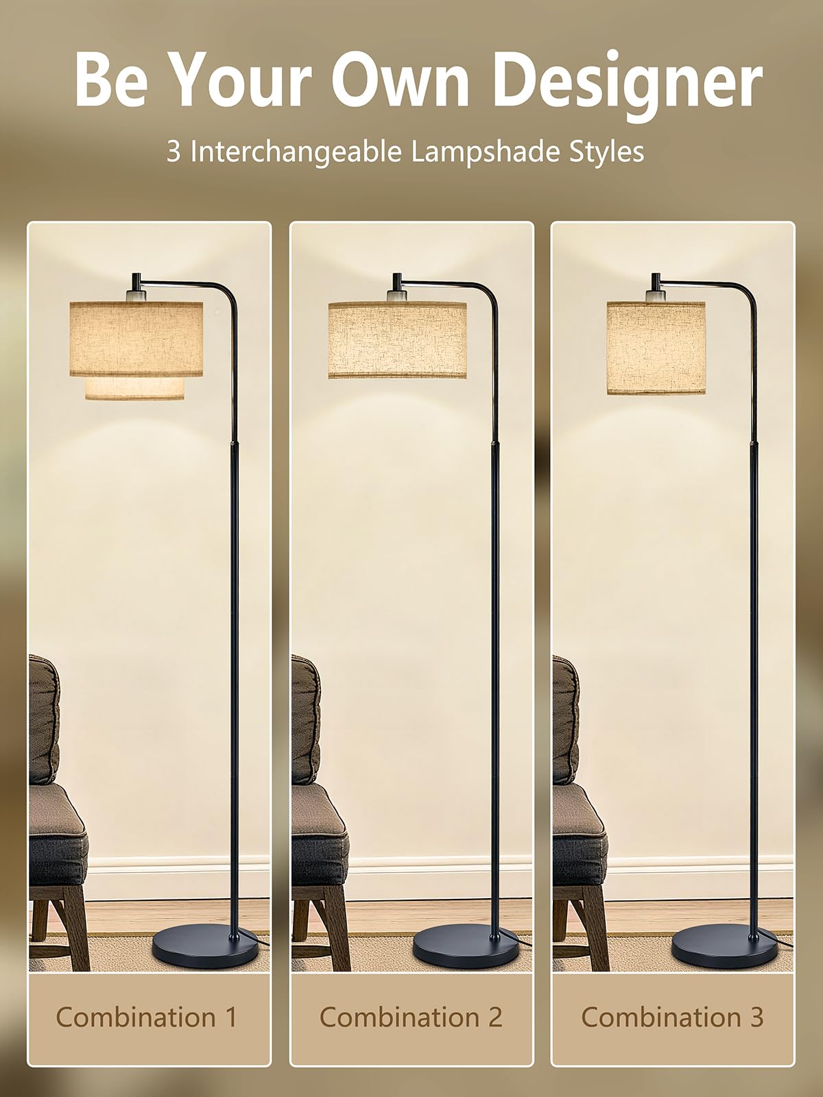 64" Modern Floor Lamp for Living Room Bedroom, Floor Lamp with 3 Color Temperatures, Standing Lamp with Double Oatmeal Linen Lampshade, Tall Lamp with A19 12W LED Bulb, Foot Switch Control, Black