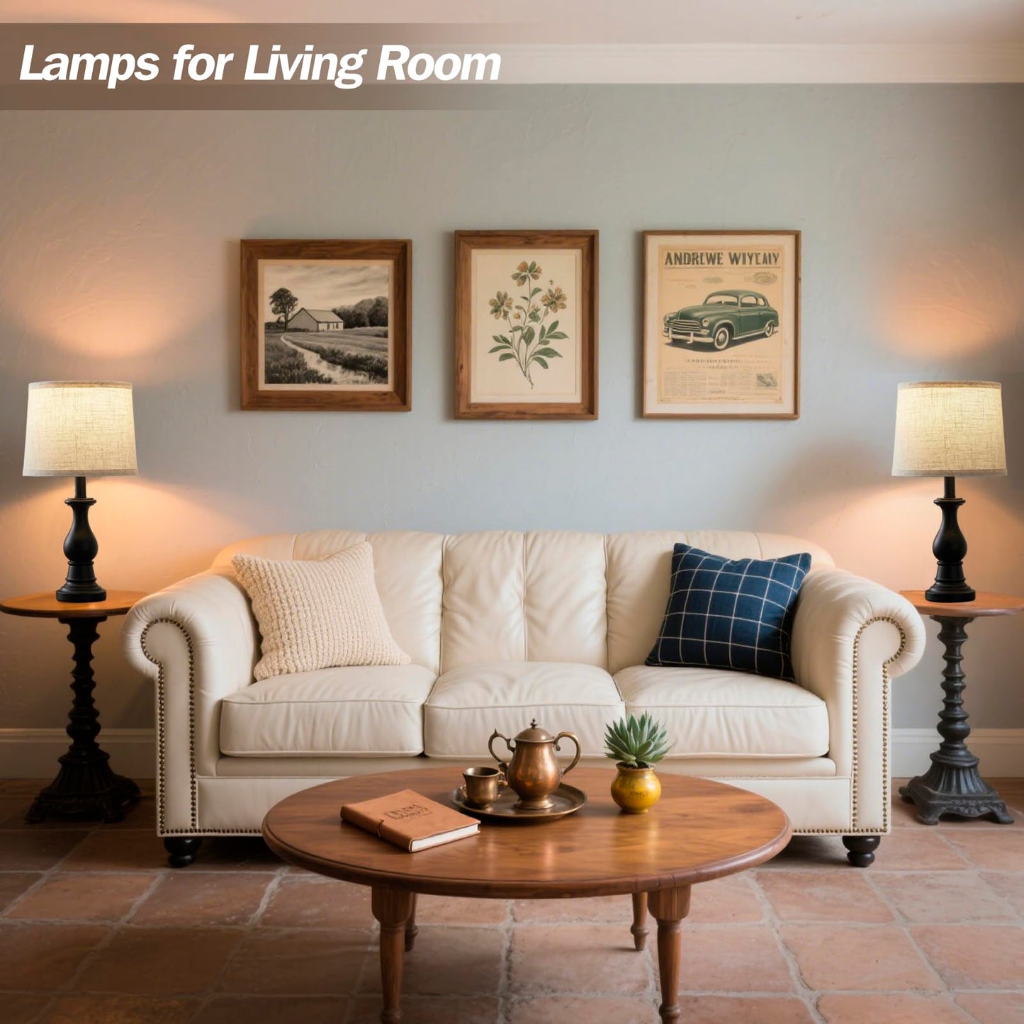 Vintage Table Lamp for Living Room Bedroom, 18.5" Farmhouse Bedside Lamps Nightstand Lamp Set of 2, Table Lamps with Oatmeal Linen Lamp Shades, 2 LED Bulbs Included