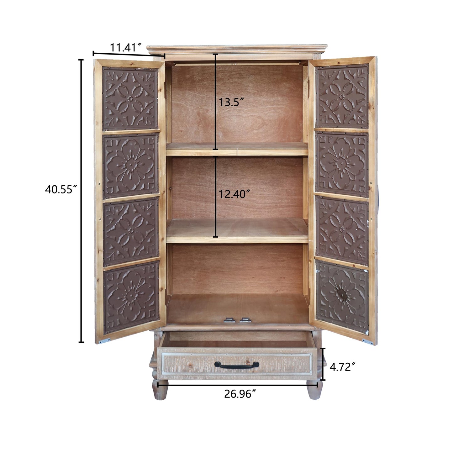 LKTART KTART 55'' Tall Kitchen Pantry Cupboard Storage Cabinet with Shelves & Drawer,French Country Accent Cabinet with Embossed Floral Metal Doors and Solid Wood Frame,Natural Wood