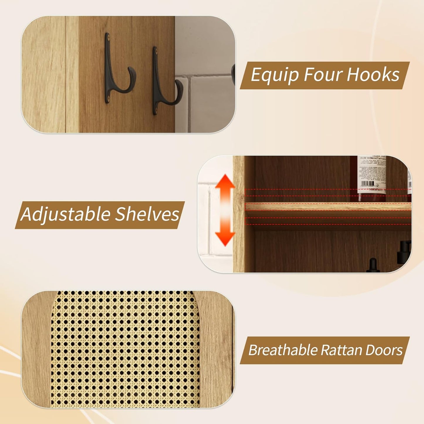Epecoya Tall Bathroom Storage Cabinet with Rattan Doors for Toilet, 66-Inch Narrow Bath Room Organizer Space-Saving Floor Cabinets with Adjustable Shelves and 4 Hooks for Restroom, Small Spaces, Brown