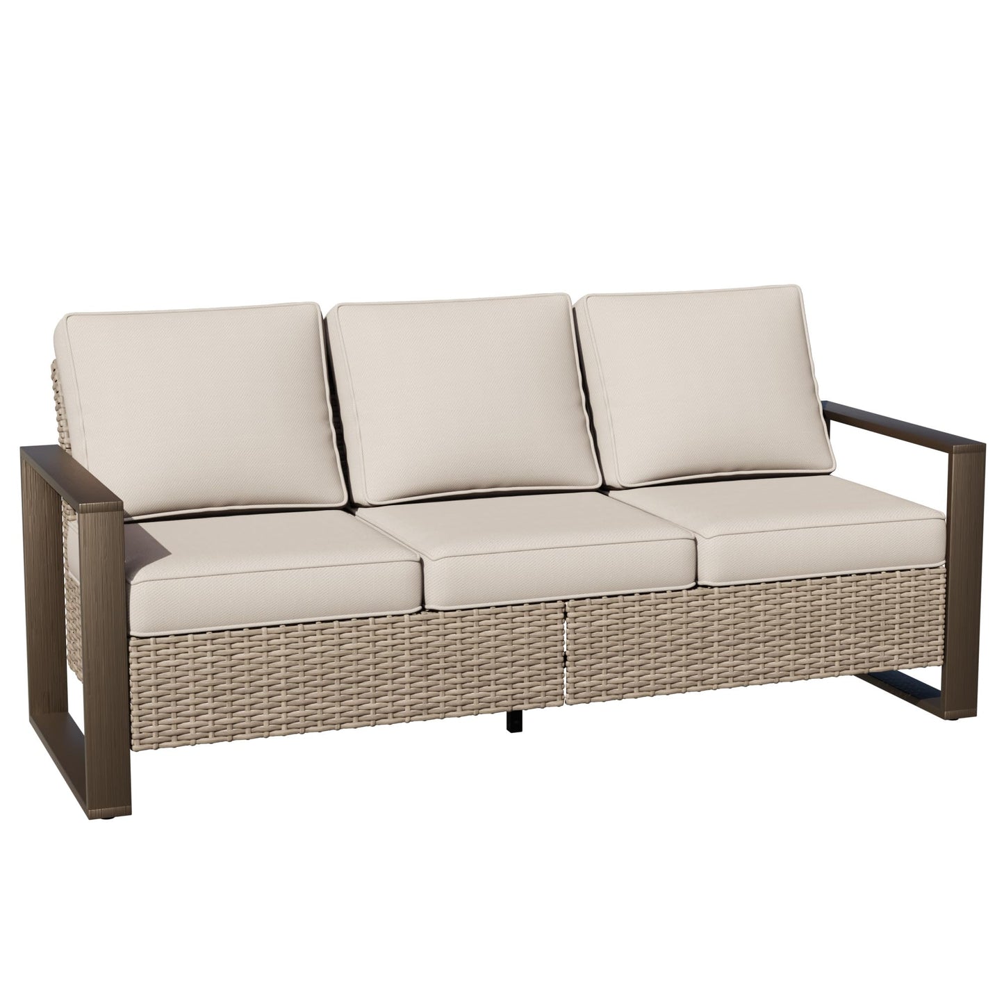 Joyside Outdoor Patio Wicker Sofa, 3-Seater Rattan Sofa with Thick Olefin Cushions and Metal Steel Rectangular Framed Armrest -Looking Metal Armrest Suitable for Garden, Backyard, Porch, Deck