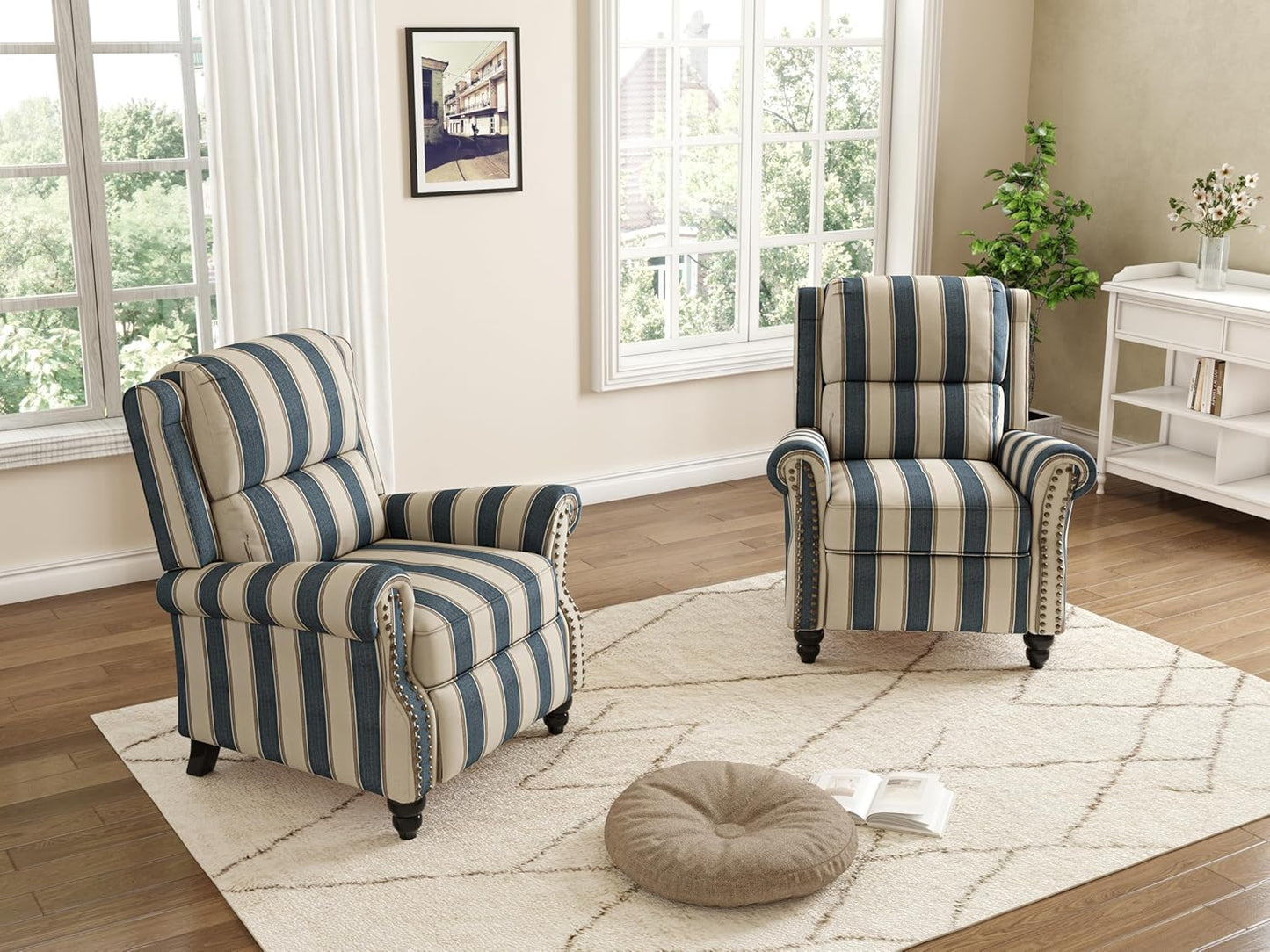 Pushback Recliner Chairs Set of 2, Comfy Fabric Wingback Recliner Chair, Upholstered Armchair Push Back Recliner with Wood Legs, Rivet Trim Accent Chair for Living Room, Bedroom, Blue Stripe