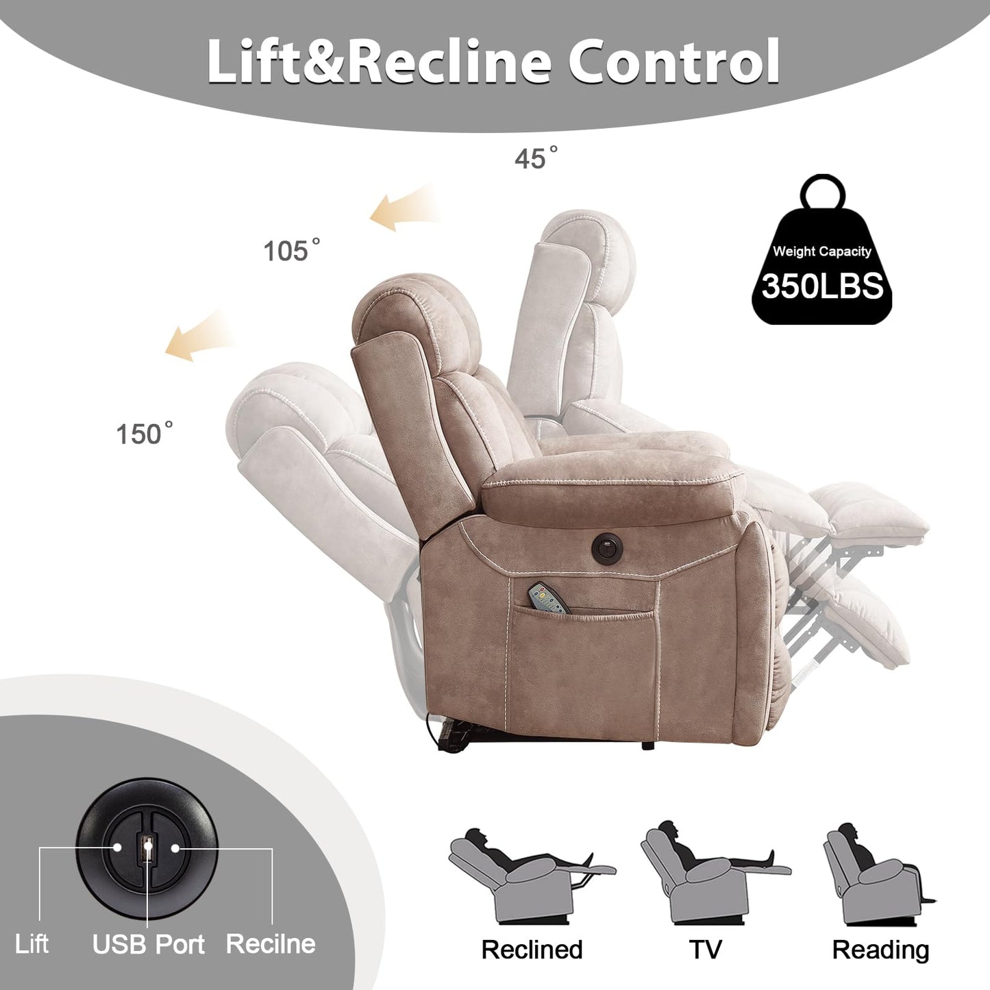 IOMOR Large Power Lift Recliner Chair for Elderly with Massage and Heat, Electric Lift Recliner Single Sofa with with 2 Cup Holders, Side Pocket & USB Charge Port for Living Room (1, Dark Gray)