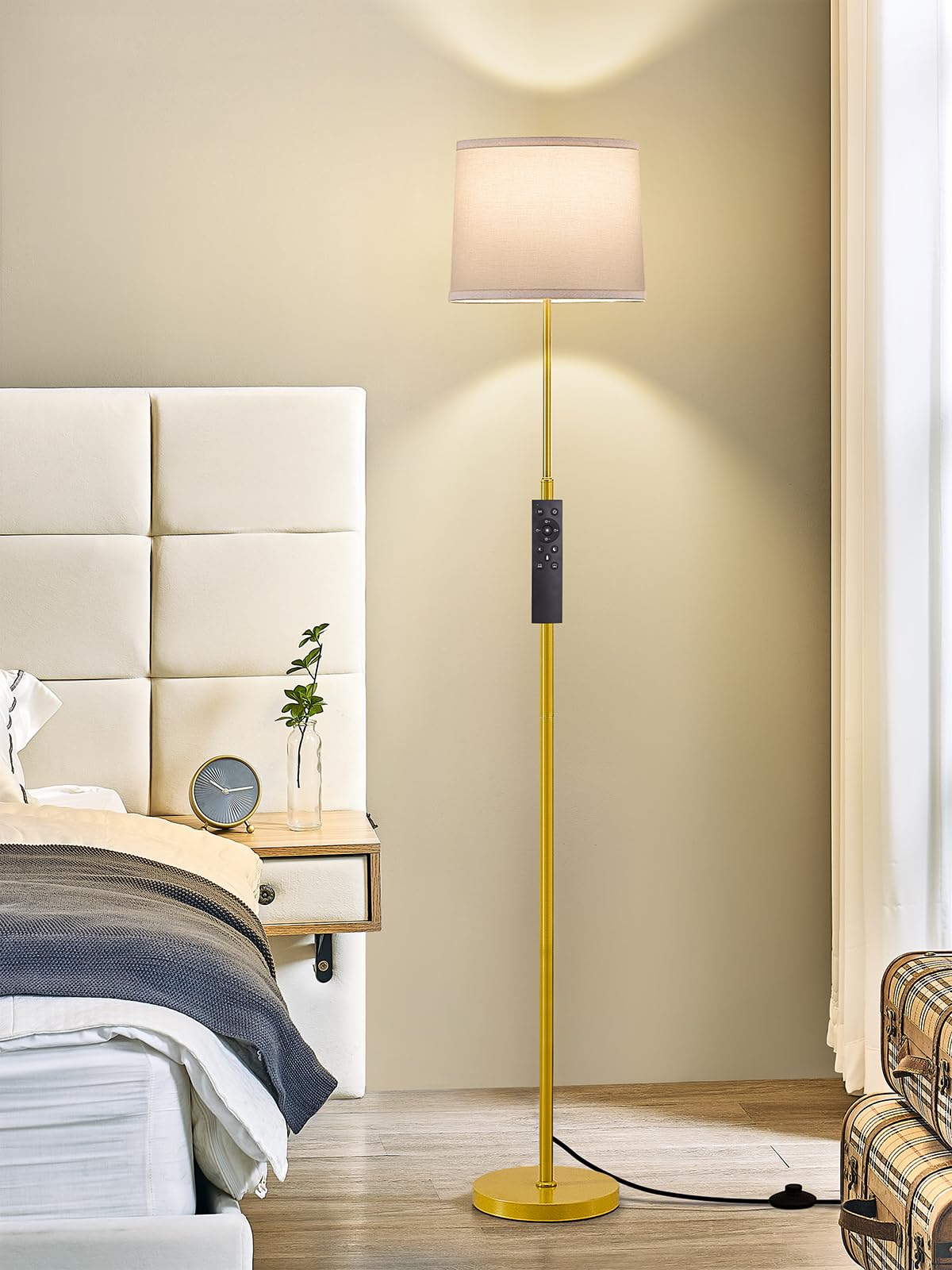 60" Modern Floor Lamp for Living Room Bedroom, Standing Lamp with Oatmeal Linen Lampshade, Tall Lamp with A19 9W 3 Color Temperature Bulb, Foot Switch Control, Black