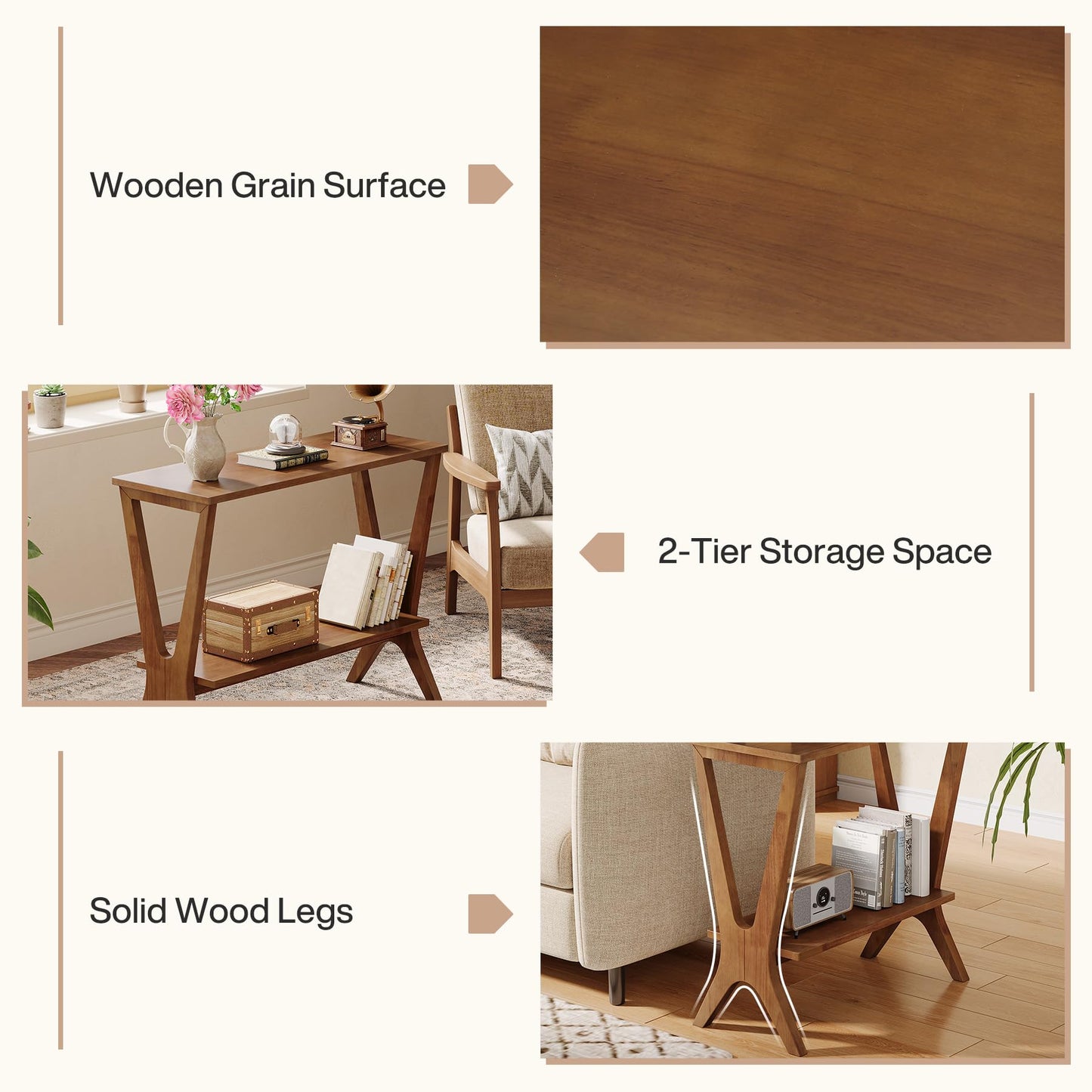 Solid Wood End Table for Living Room, 2-Tier Storage Shelves Sofa Couch Side Table with Sturdy Legs, Wooden Narrow Retro Nightstand for Small Spaces, Bedroom, Apartment