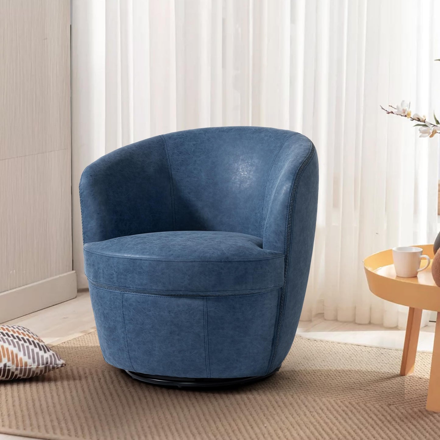 360° Swivel Barrel Accent Chair, Faux Leather Round Swivel Chair for Living Room, Comfy Upholstered Armchair Single Sofa Club Chair for Bedroom Reading Room, No Assembly Required - Light Brown