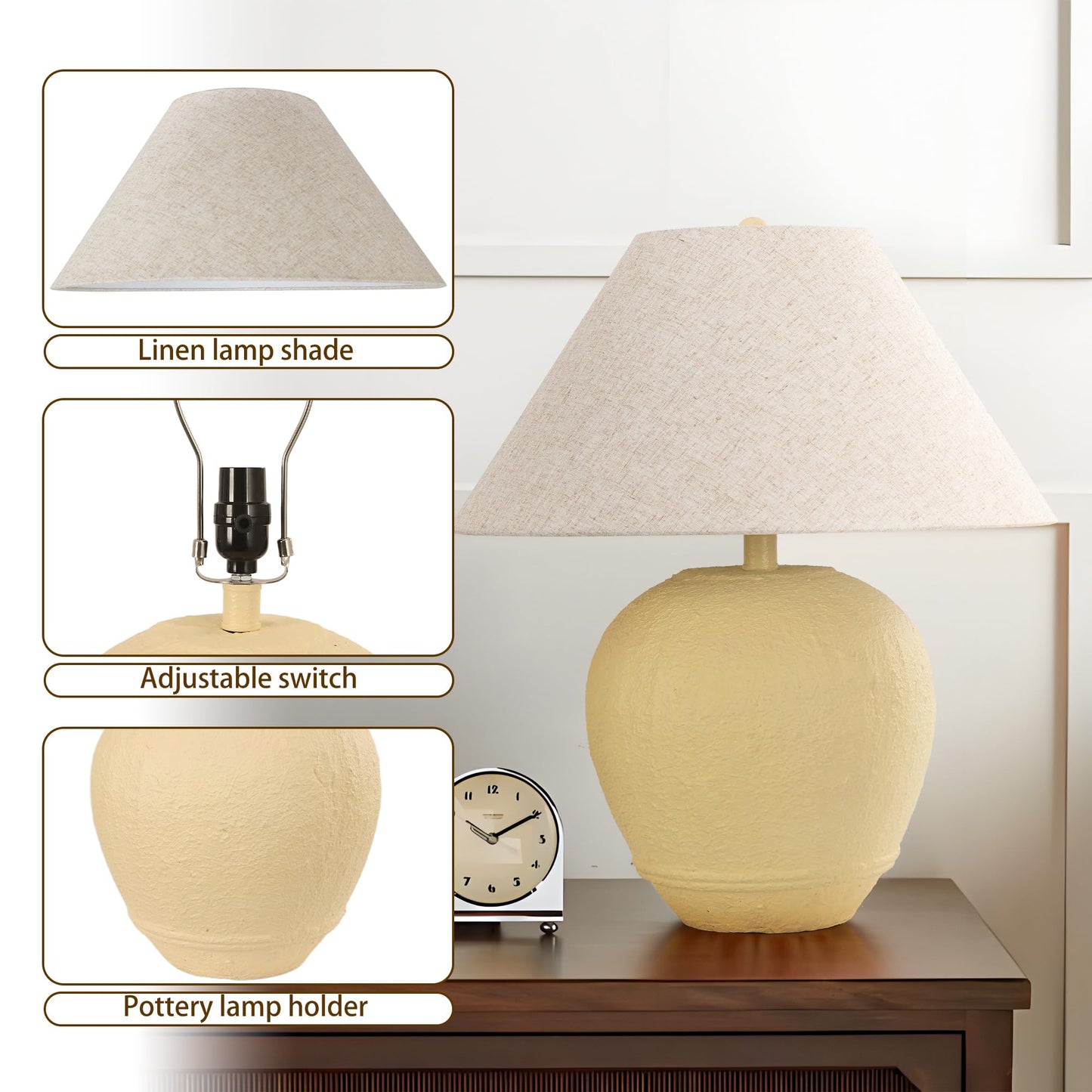 Farmhouse Ceramic Table Lamp, 21" Rustic Table Lamp with Linen Shade, 3-Way Dimmable Bedside Nightstand Lamps for Bedroom, Living Room, E26 Socket, Dark Grey