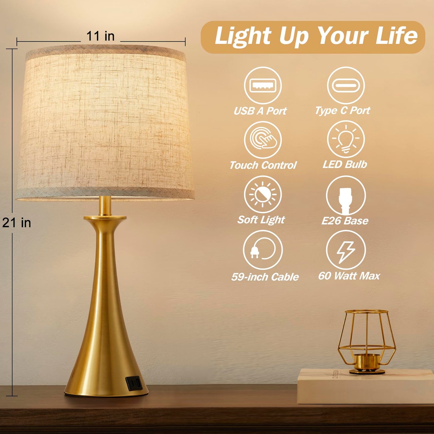 Touch Lamp for Living Room Bedroom, 21" Table Lamps Set of 2 with USB C+A Ports, Touch Bedside Lamps for Nightstand with 3 Way Dimmable, 2 LED Bulbs Included, Black