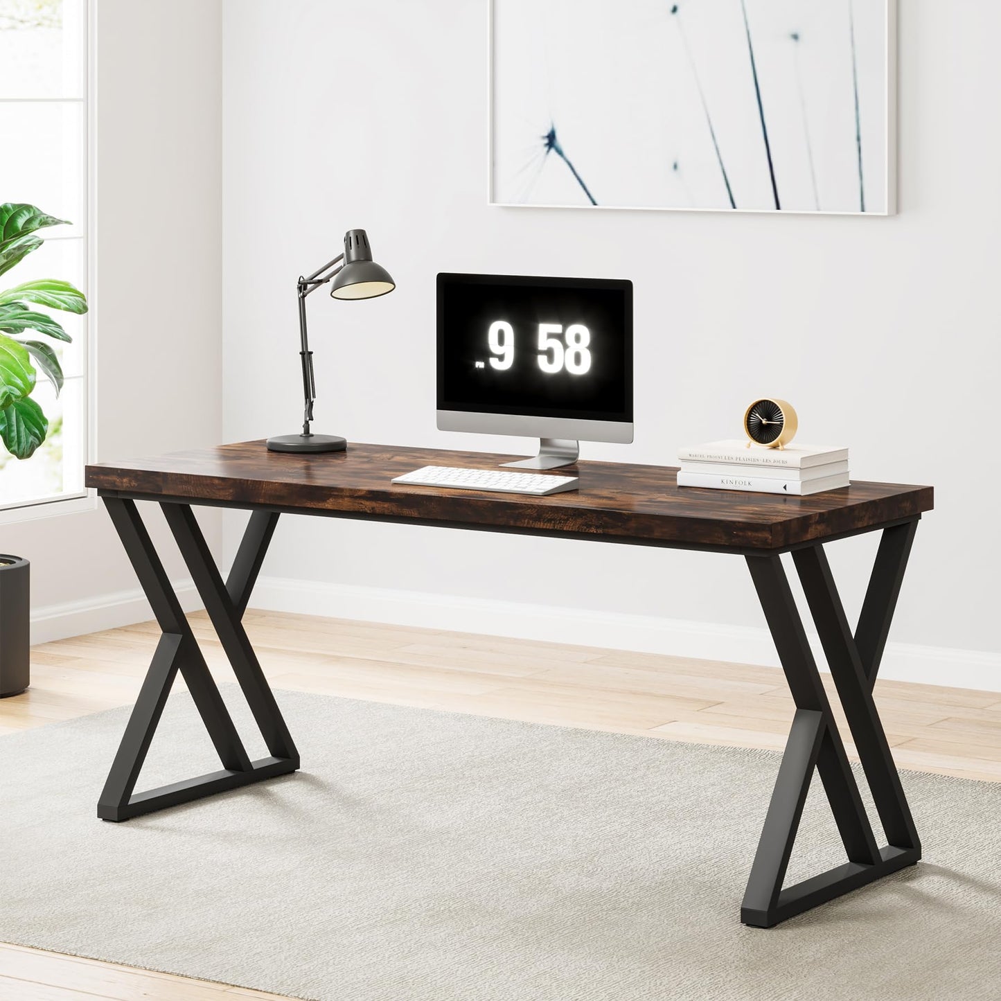 Tribesigns Modern Walnut/White 55" Heavy Duty Computer Desk, Study & Work Desk, 23.6"D x 55.1"W x 29.5"H, Z-Shaped Metal Legs, 330 lbs Capacity