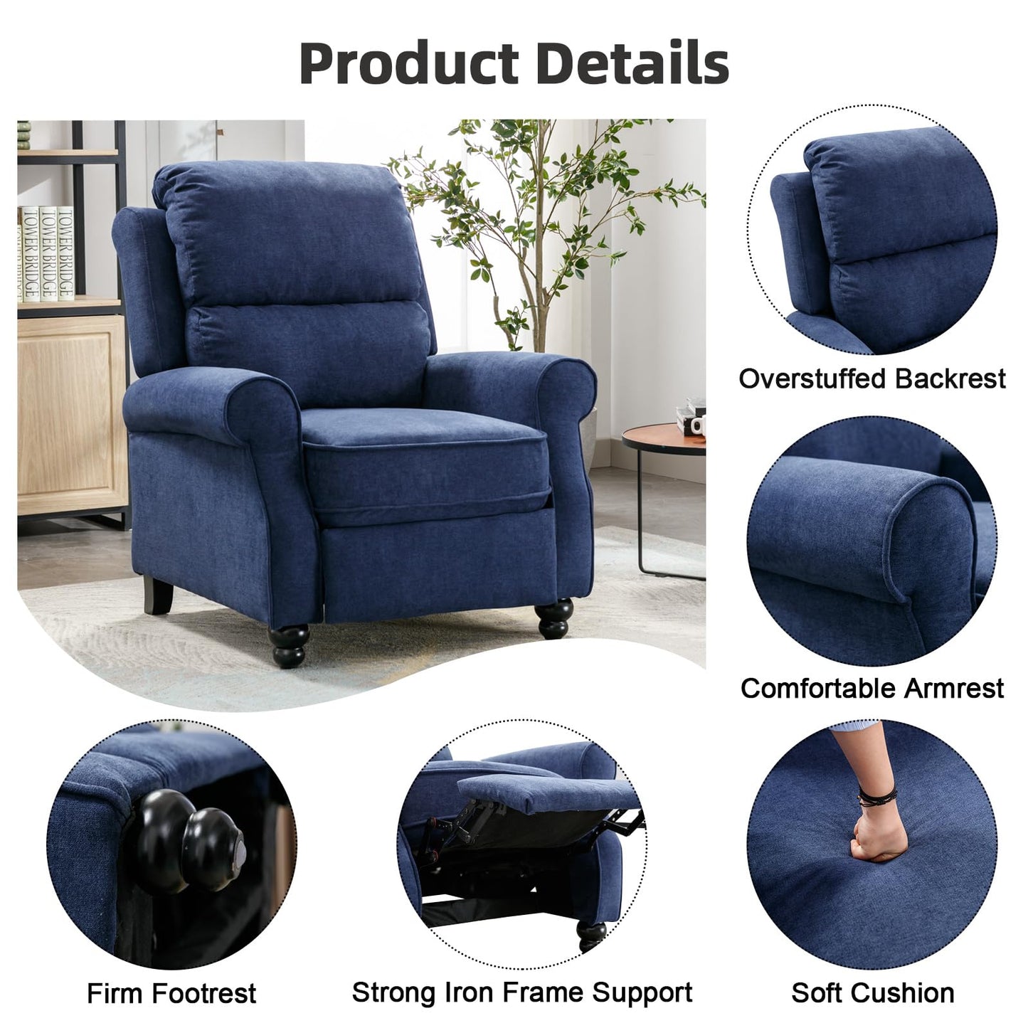 IOMOR Push Back Recliner Chair Faux Leather Lounge Armchair with Rivet Decoration Wingback Single Sofa Chair with Padded Seat Solid Wood Legs for Living Room, Comfy Upholstered, Red Brown
