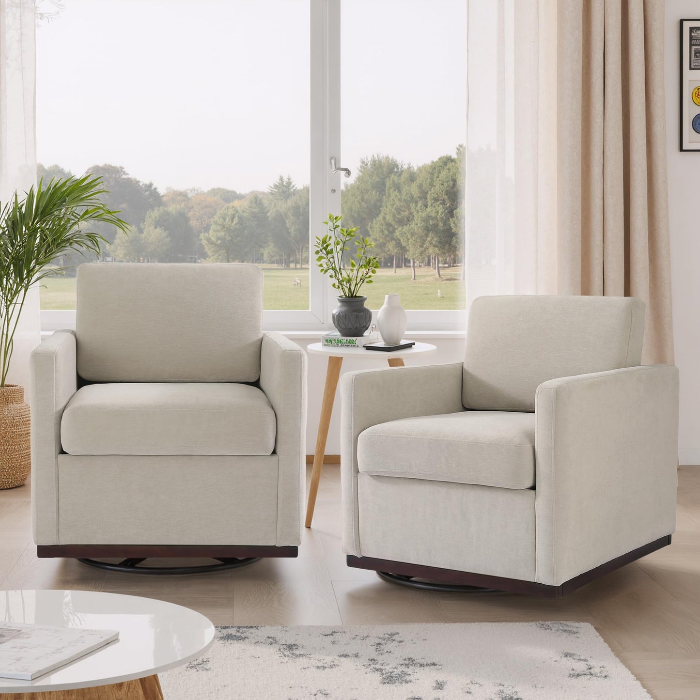 Swivel Accent Chairs Set of 2, 360° Swivel Upholstered Faux Leather Club Armchairs for Living Room, Comfy Single Sofa Reading Chair with Deep Seat, Metal Swivel Base, Coffee