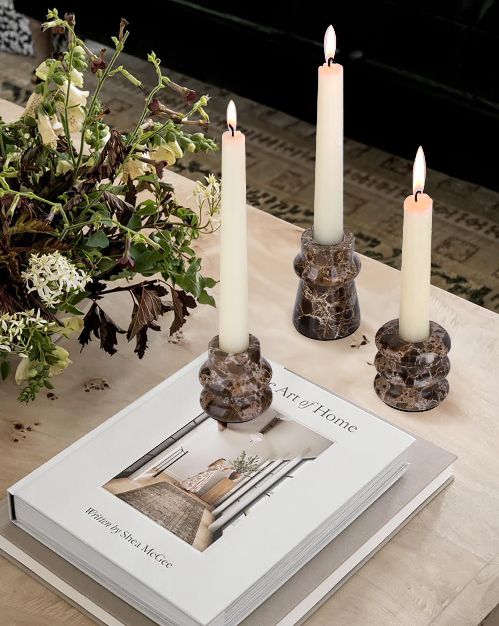 Vixdonos Marble Candle Holder Set of 2 Taper Candle Candlestick Mantle Candle Stand for Home Decor,Wedding,Party and Table Centerpieces(Brown)