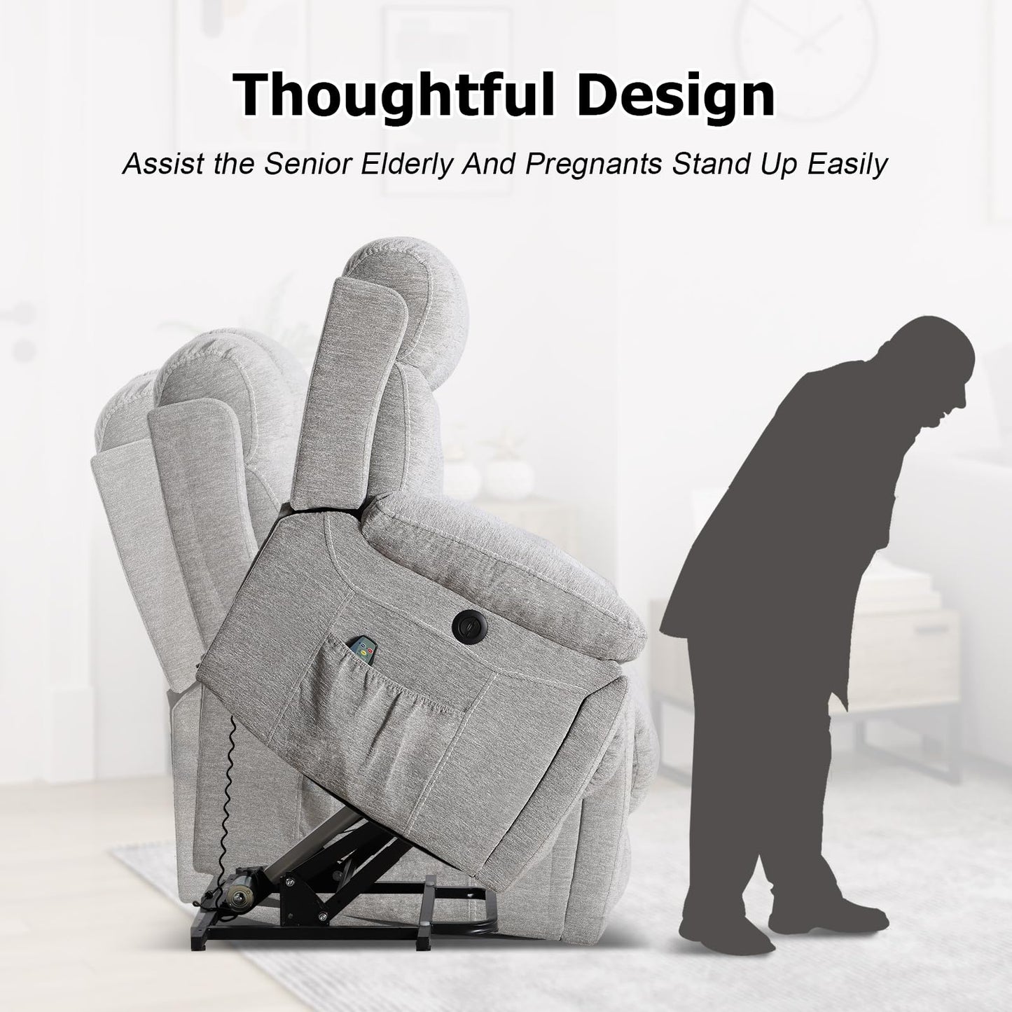 IOMOR Large Power Lift Recliner Chair for Elderly with Massage and Heat, Electric Lift Recliner Single Sofa with with 2 Cup Holders, Side Pocket & USB Charge Port for Living Room (1, Dark Gray)