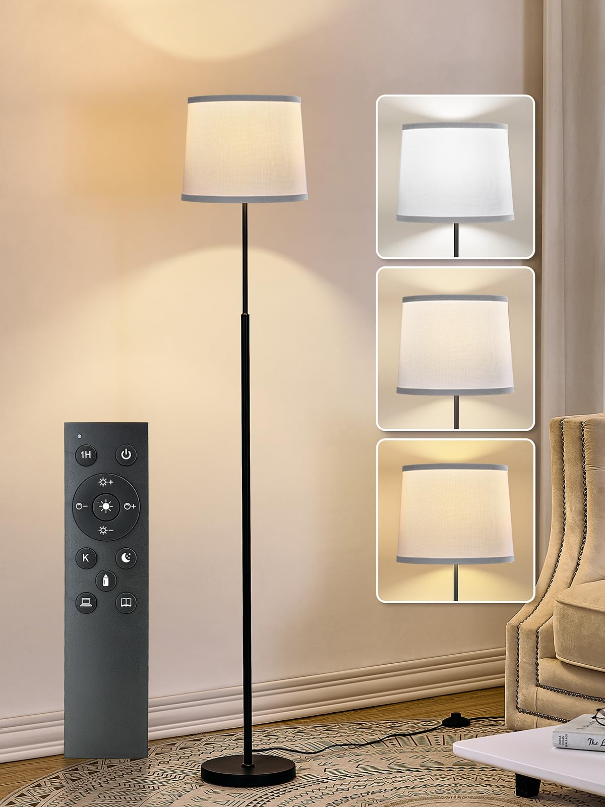 60" Modern Floor Lamp for Living Room Bedroom, Standing Lamp with Oatmeal Linen Lampshade, Tall Lamp with A19 9W 3 Color Temperature Bulb, Foot Switch Control, Black