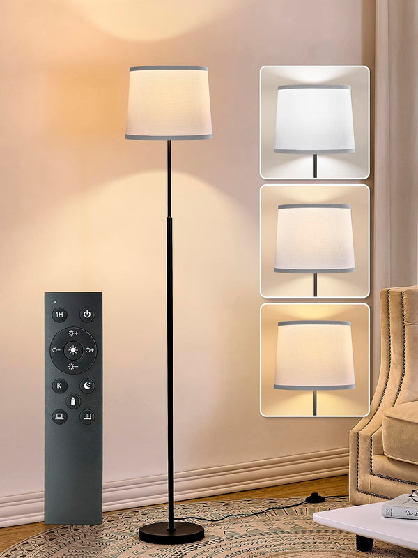 60" Modern Floor Lamp for Living Room Bedroom, Standing Lamp with Oatmeal Linen Lampshade, Tall Lamp with A19 9W 3 Color Temperature Bulb, Foot Switch Control, Black