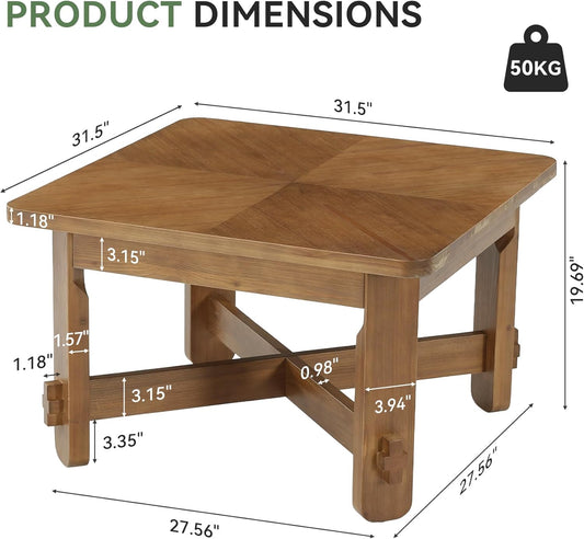 31.5" Square Coffee Table, Solid Wood Accent Center Table with Thick Tabletop and Sturdy Cross-braced Legs, Farmhouse Rustic Tea Cocktail Tables for Living Room, Apartment, Vintage Brown