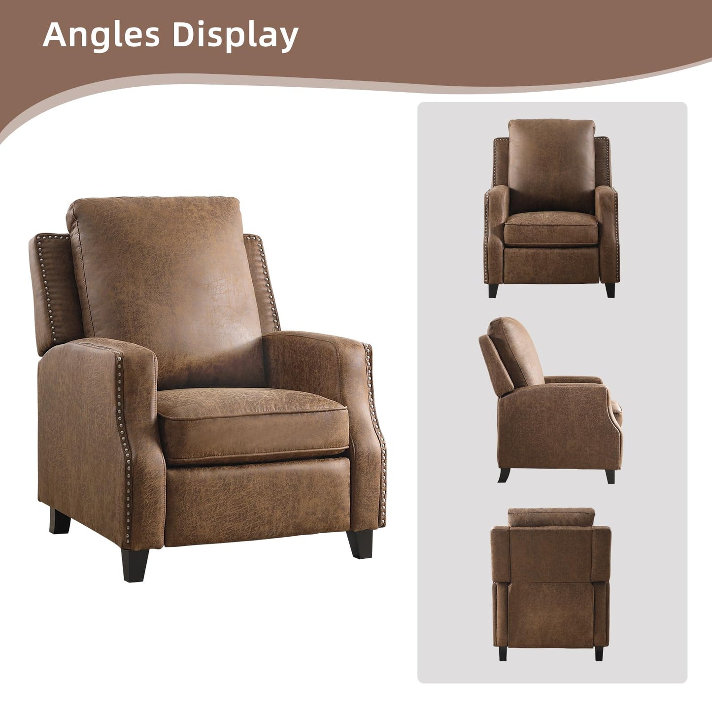 IOMOR Push Back Recliner Chair Faux Leather Lounge Armchair with Rivet Decoration Wingback Single Sofa Chair with Padded Seat Solid Wood Legs for Living Room, Comfy Upholstered, Red Brown