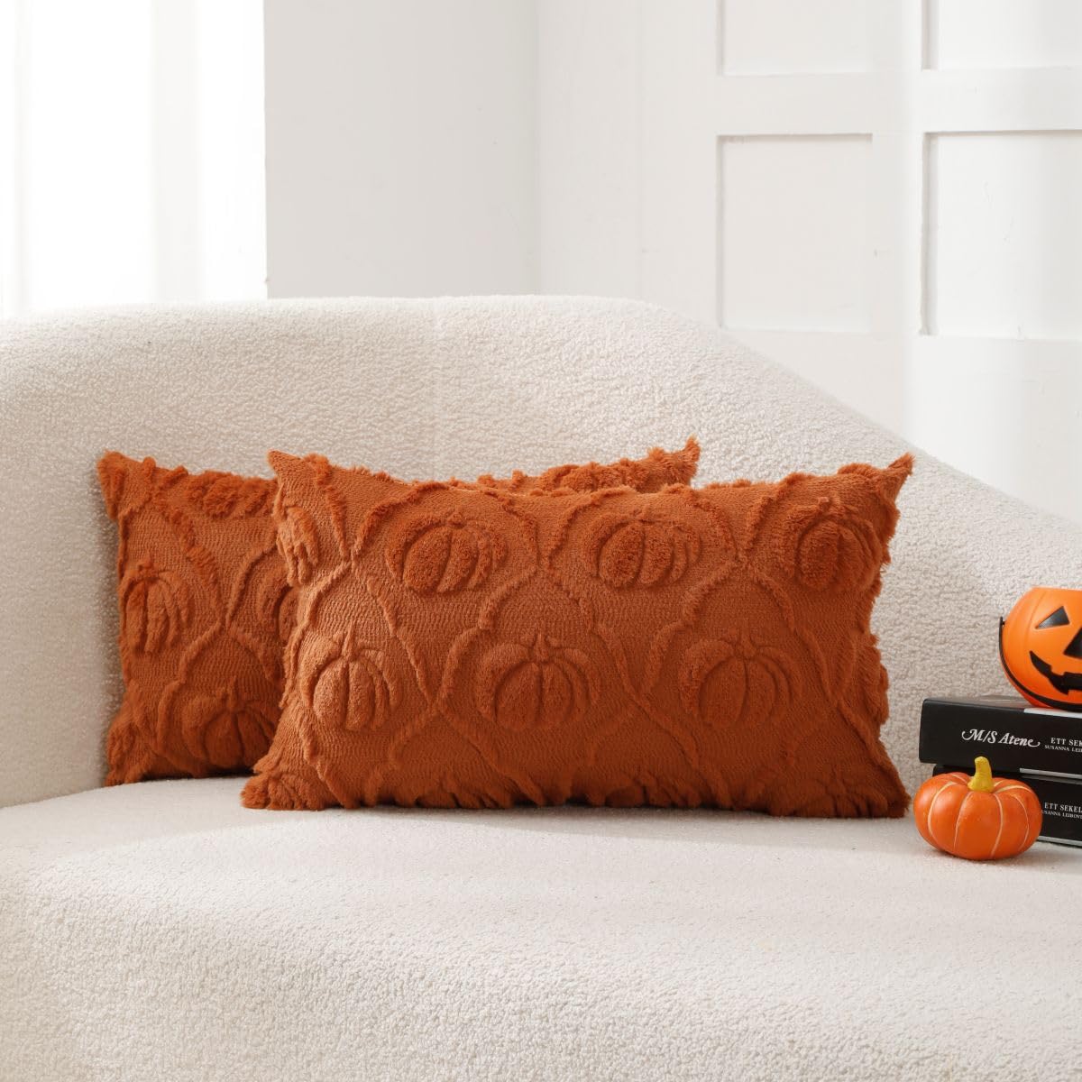 VAKADO Halloween Fall Throw Pillow Covers 18x18 Set of 2 Pumpkin Autumn Couch Thanksgiving Home Decorations Kitchen Decor Plush Embroidered Velvet Cushion for Farmhouse Bed Sofa Living Room,Cream