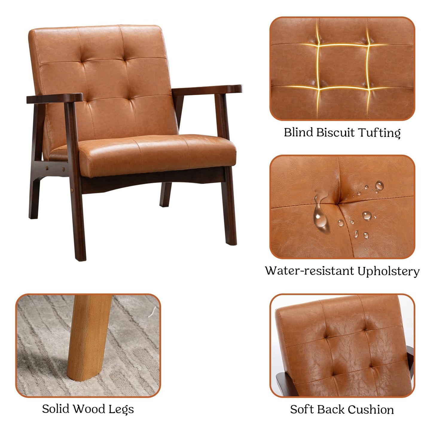 IOMOR Accent Chair Mid Century Modern Chair for Living Room, Comfy Faux Leather Armchair with Solid Wood Frame Soft Thick Padded, Side Chairs Easy Assembly (1, Brown)