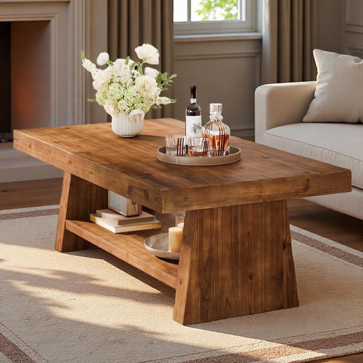 Solid Wood Coffee Table, 47-Inch Farmhouse Wooden Coffee Table for Living Room, 2-Tier Rectangular Center Table with Storage for Apartment, Home Office, Dark Brown